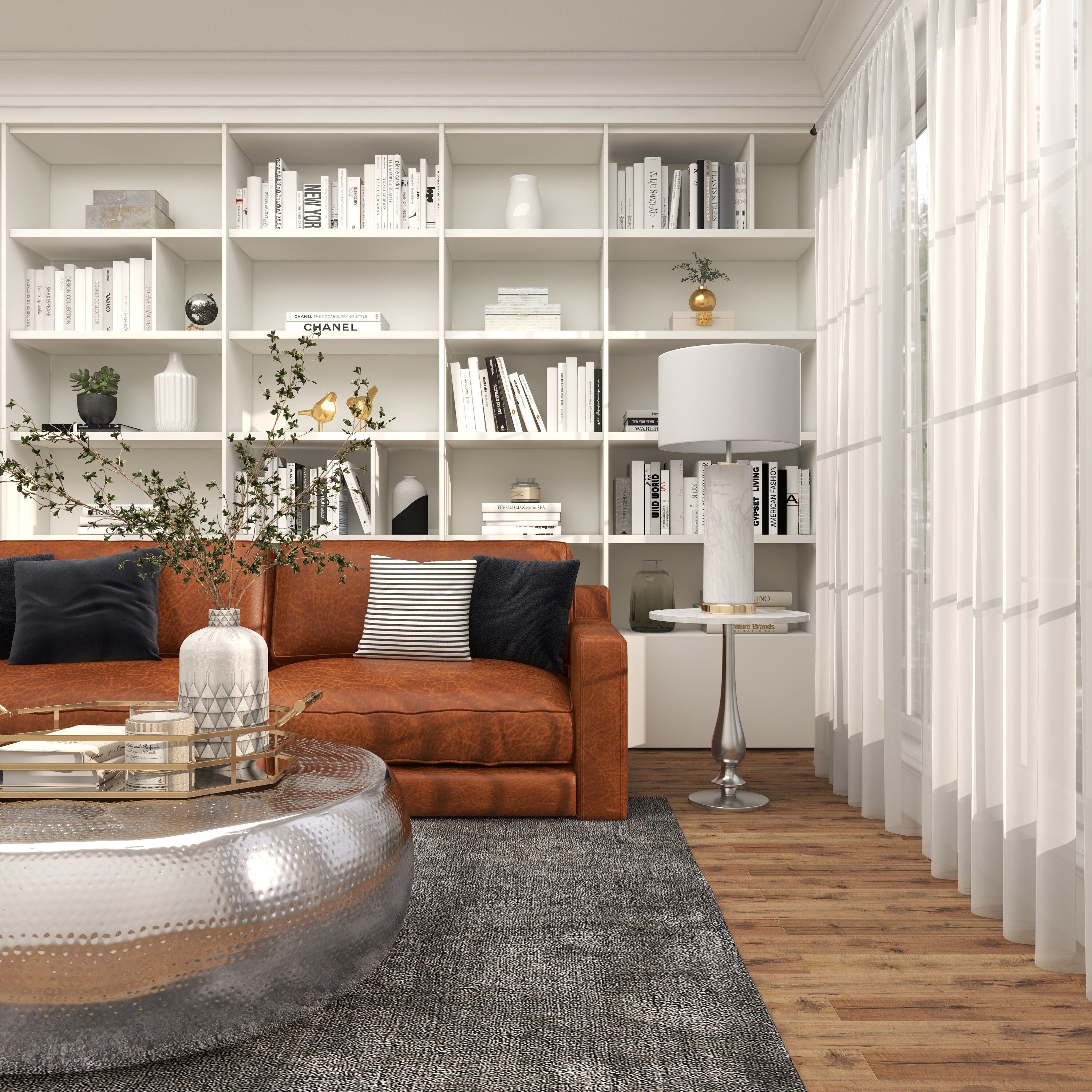 White Marble and Silver Aluminum Round Accent Table