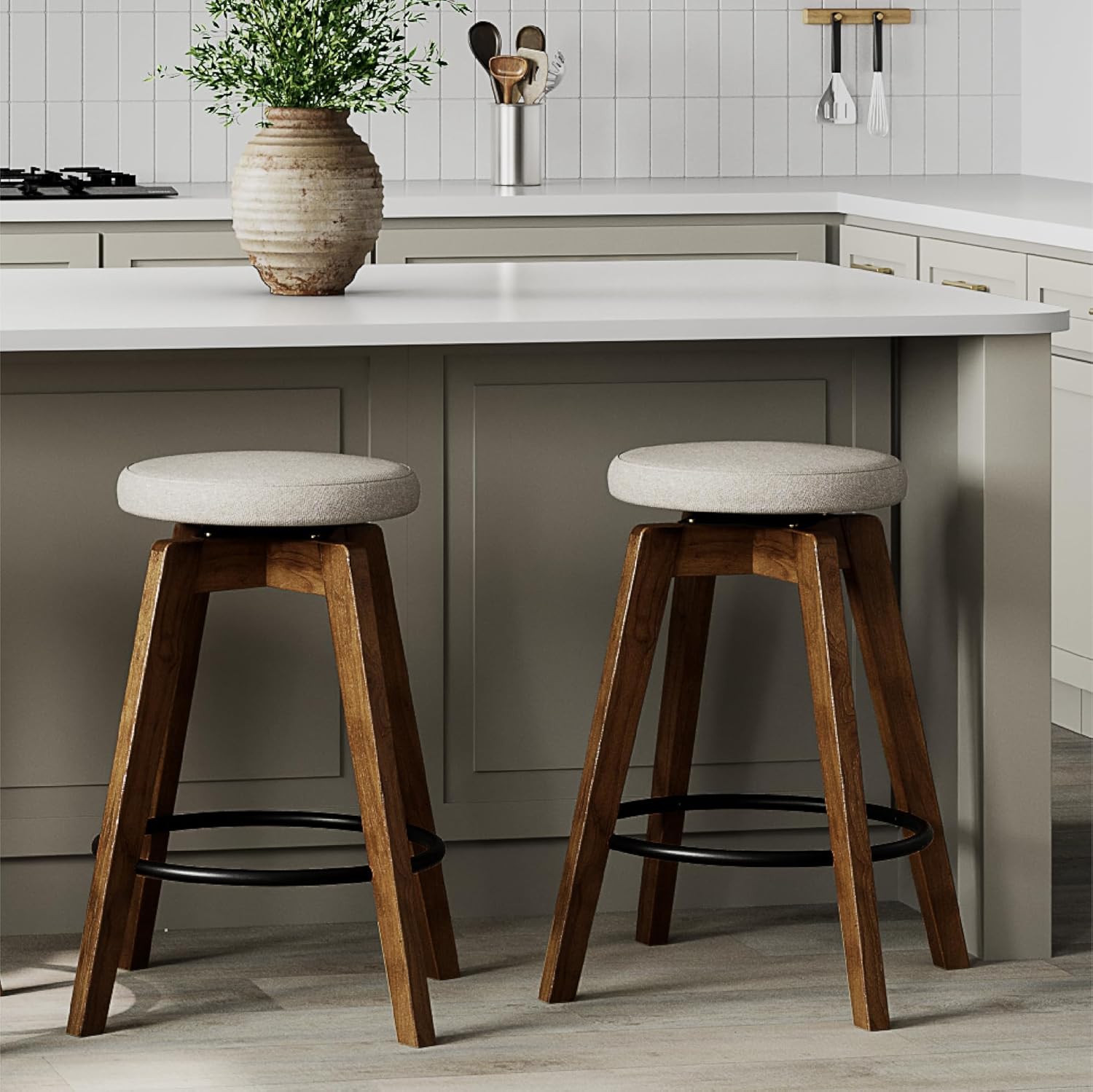 Allforwood Swivel Premium Solid Wood Counter Stool 25 Set of 2 360 Rotating Upholstered Cushion Backless Bar Chair for Island Pub Kitchen Dining Room Walnut