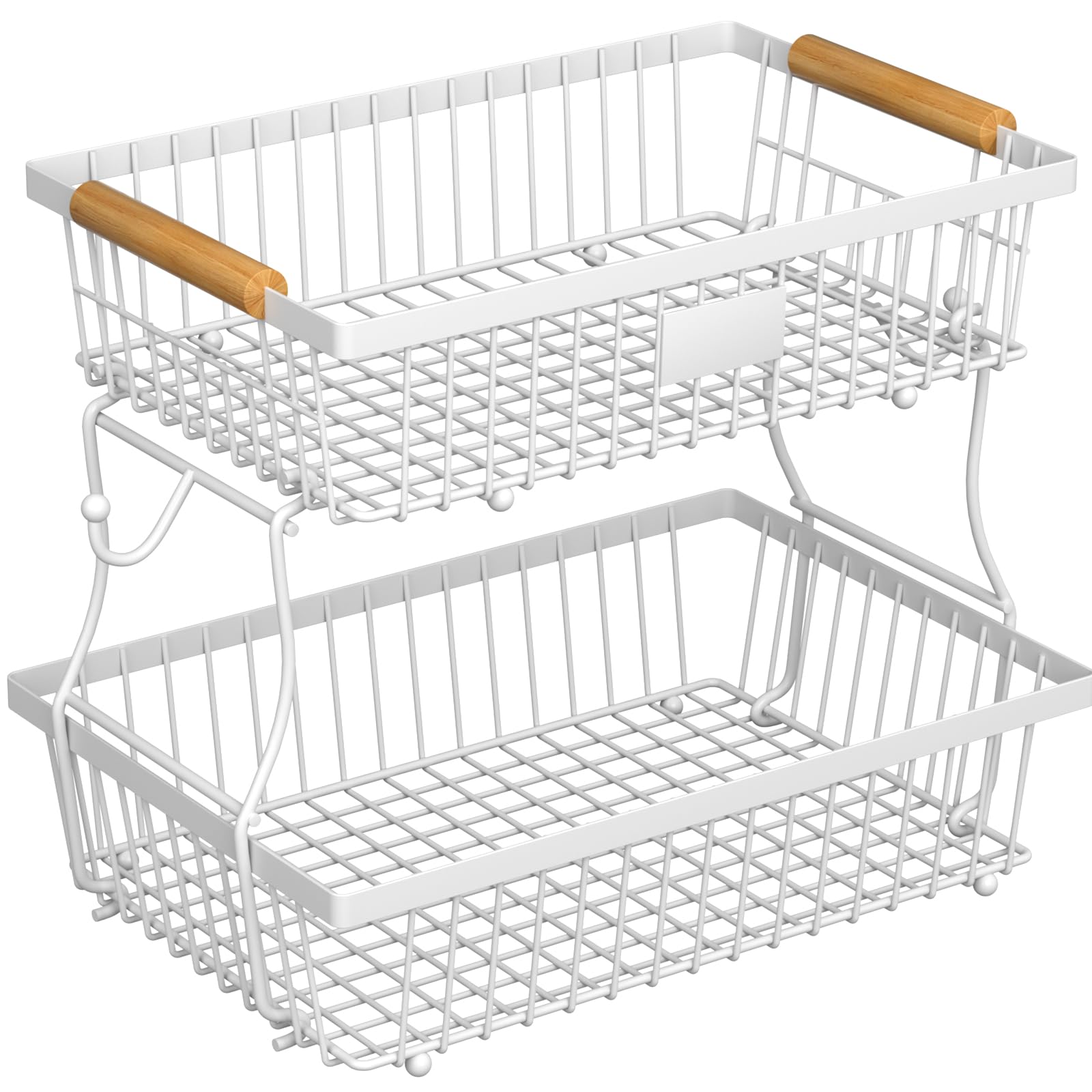Ahfiwaso  2 Tier Fruit Basket with 2 Banana Hangers Metal Fruit Bowl with Wooden Handle Large Storage Stand for Kitchen Counter Vegetables Snacks