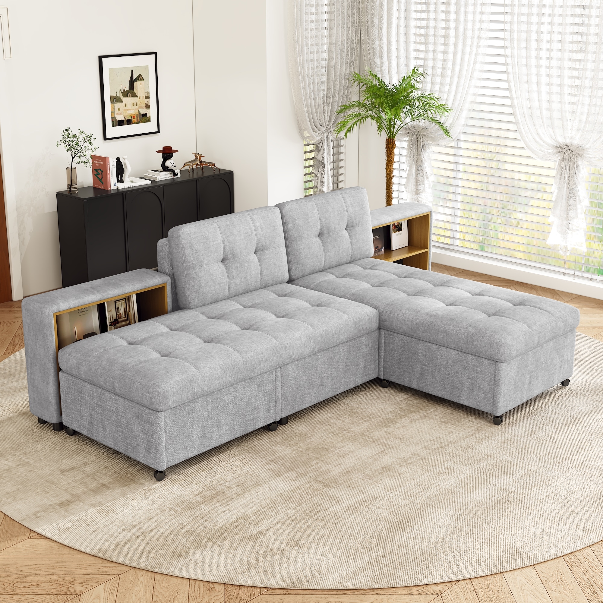 ModernLuxe N719S001860E 121.2inch Versatile Sofa Bed Modular Sofa  Freecombined Sofa with Two Storage Racks  Gray