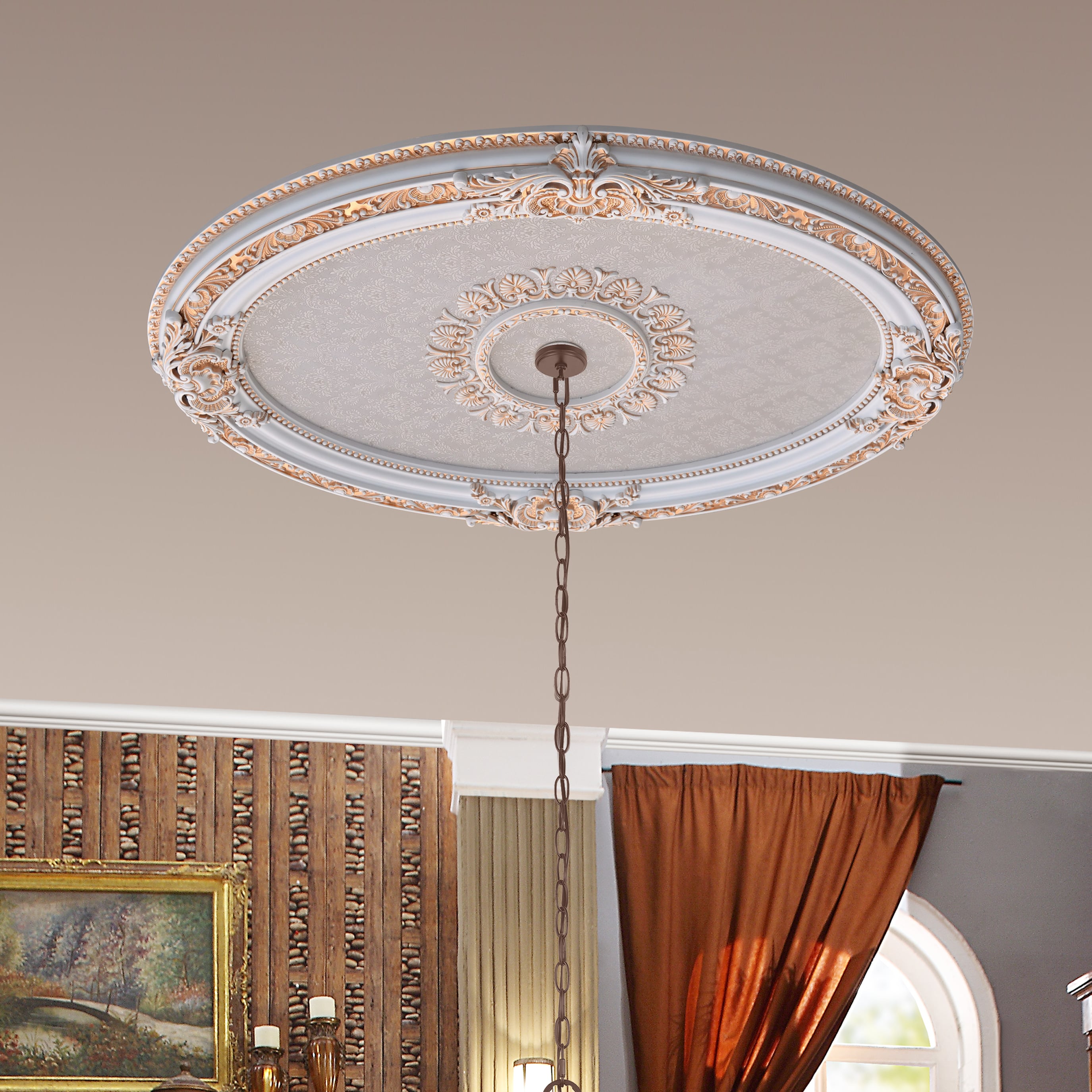 French Blanco Oval White and Gold Ceiling Medallion