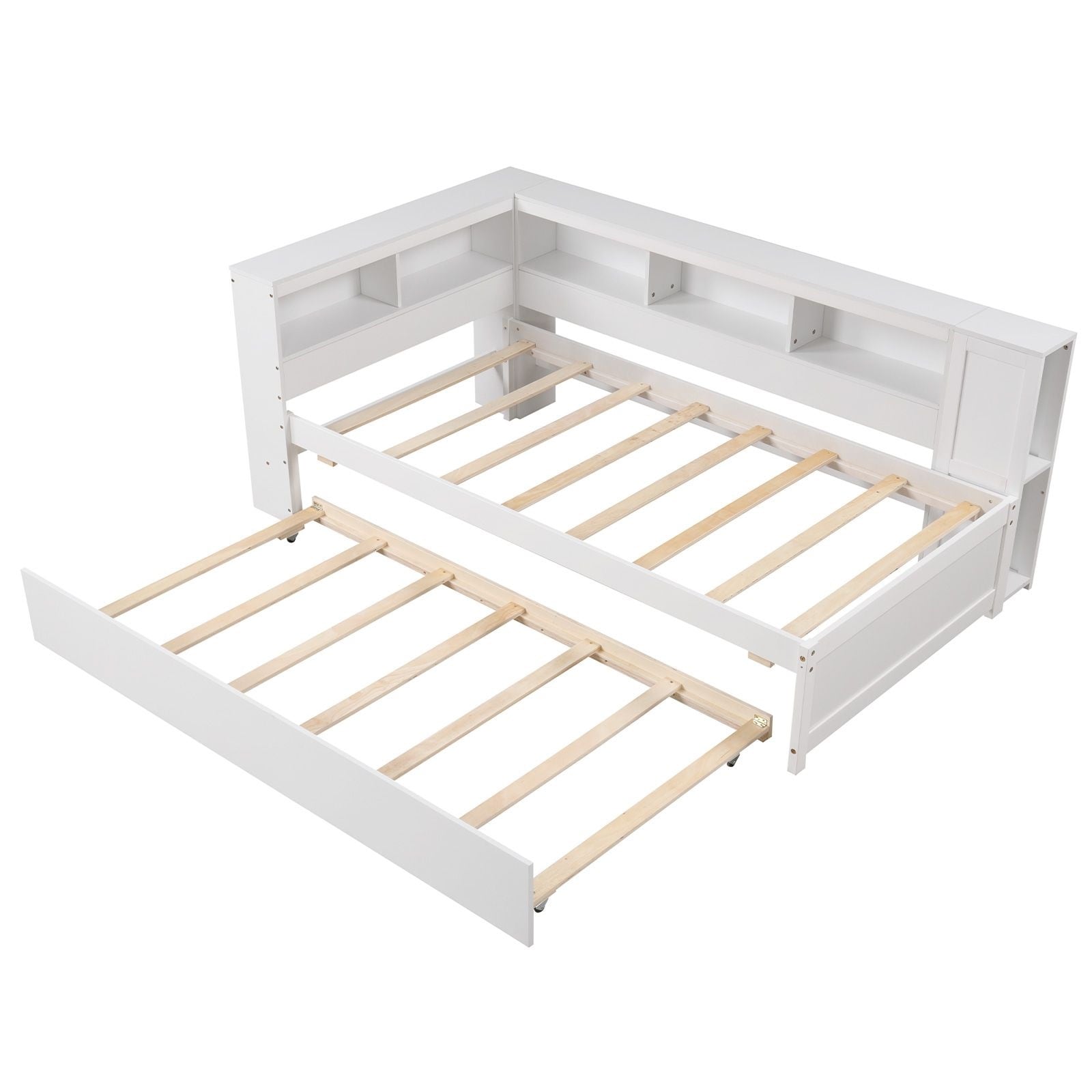 Slickblue White Twin Daybed With Trundle Bookcase Headboard and Storage Cubes for Kids Room Guest Room or Shared Bedroom