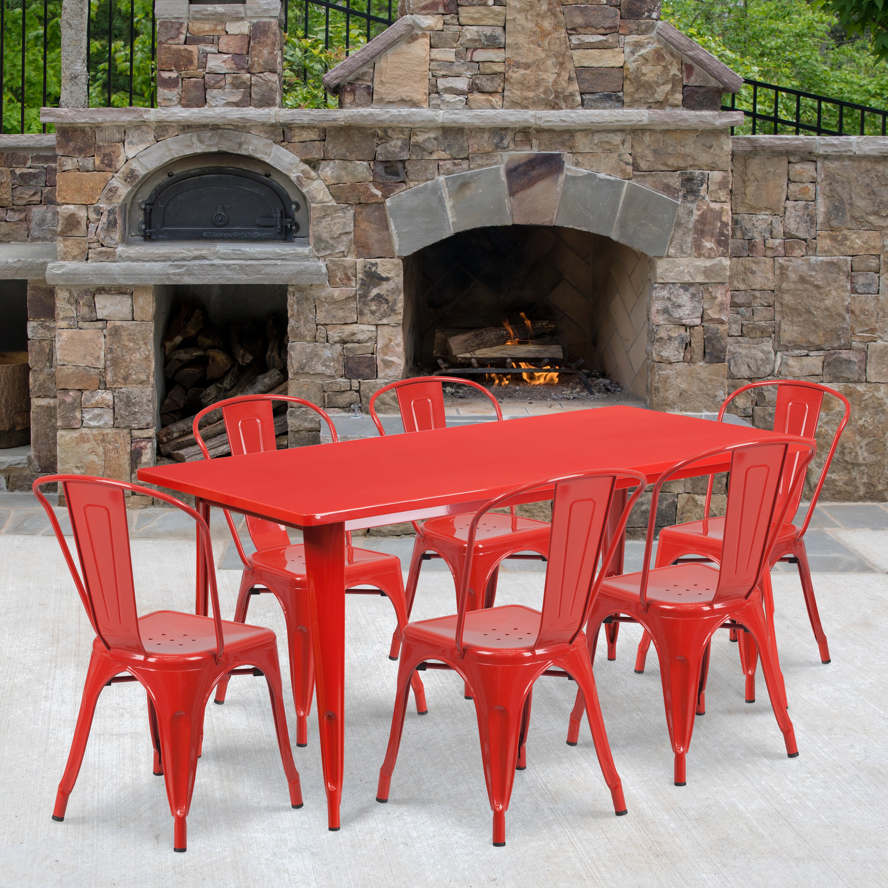 Flash Furniture 889142049494 Gilbert Commercial Grade 31.5-in x 63-in Rectangular Red Metal Indoor-Outdoor Table Set with 6 Stack Chairs