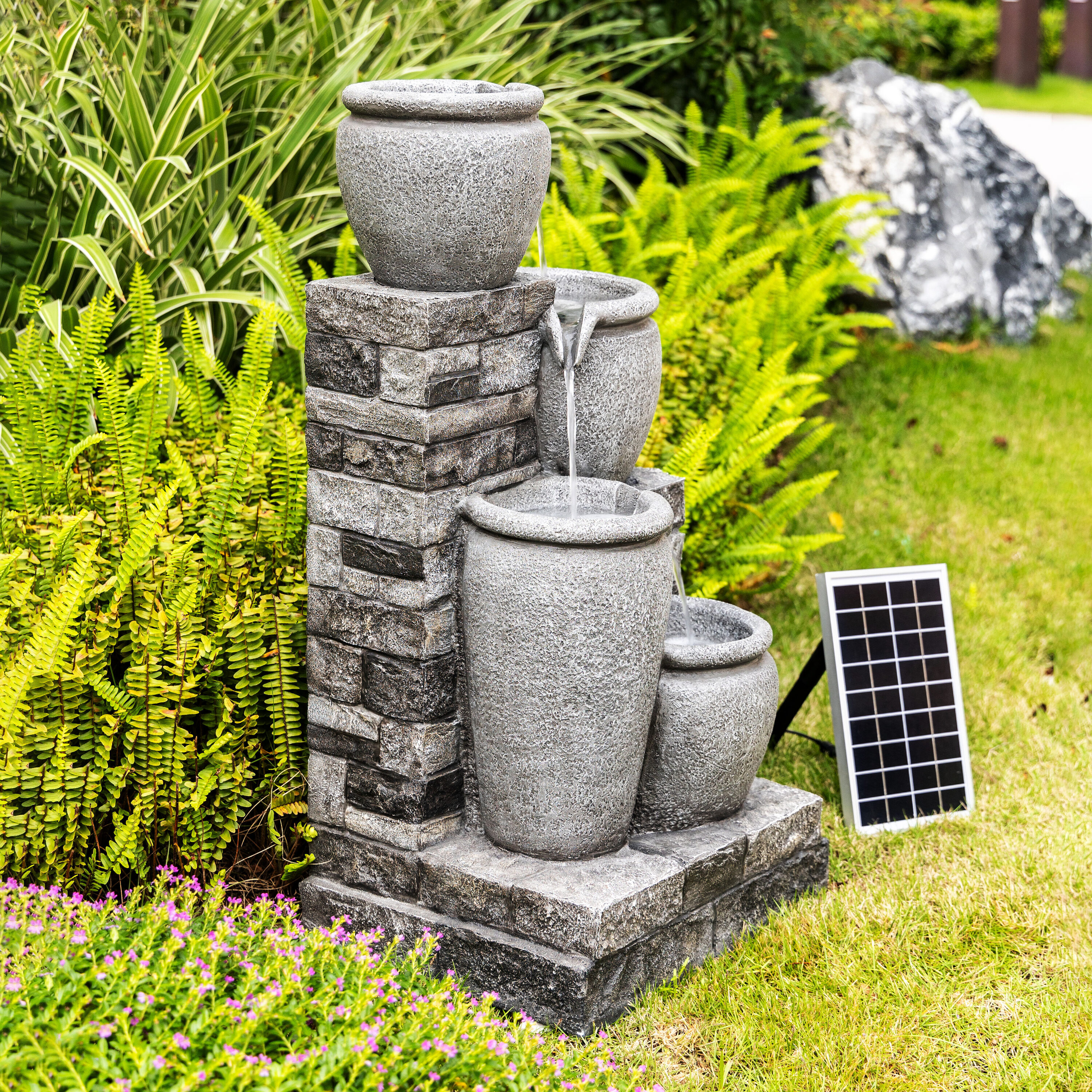 Gray Solar Powered 4-Tier Cascading Bowl Outdoor Water Fountain