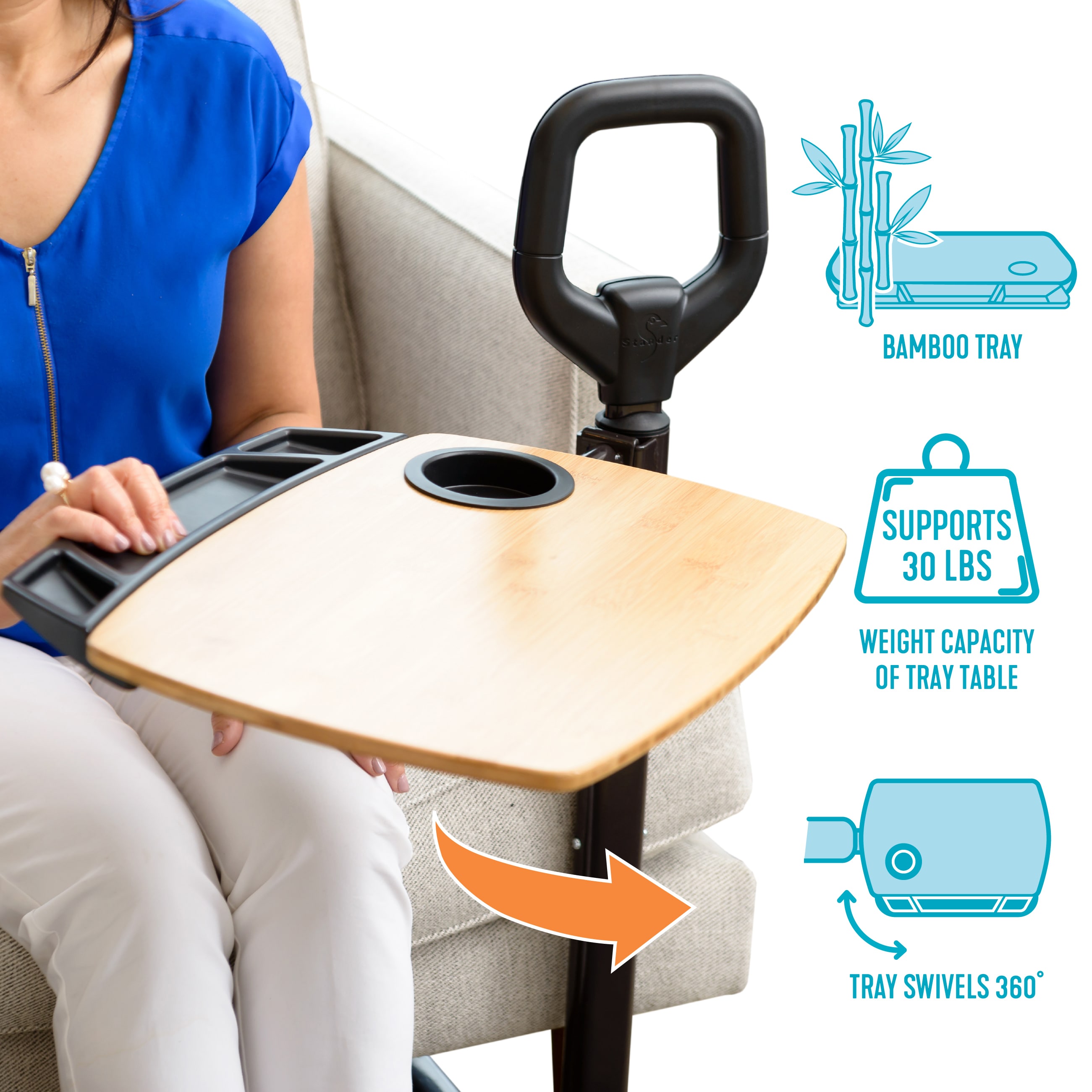 Able Life Able Tray Table, Adjustable Bamboo Swivel TV and Laptop Table  with Ergonomic Stand Assist Safety Handle, Independent Living Aid