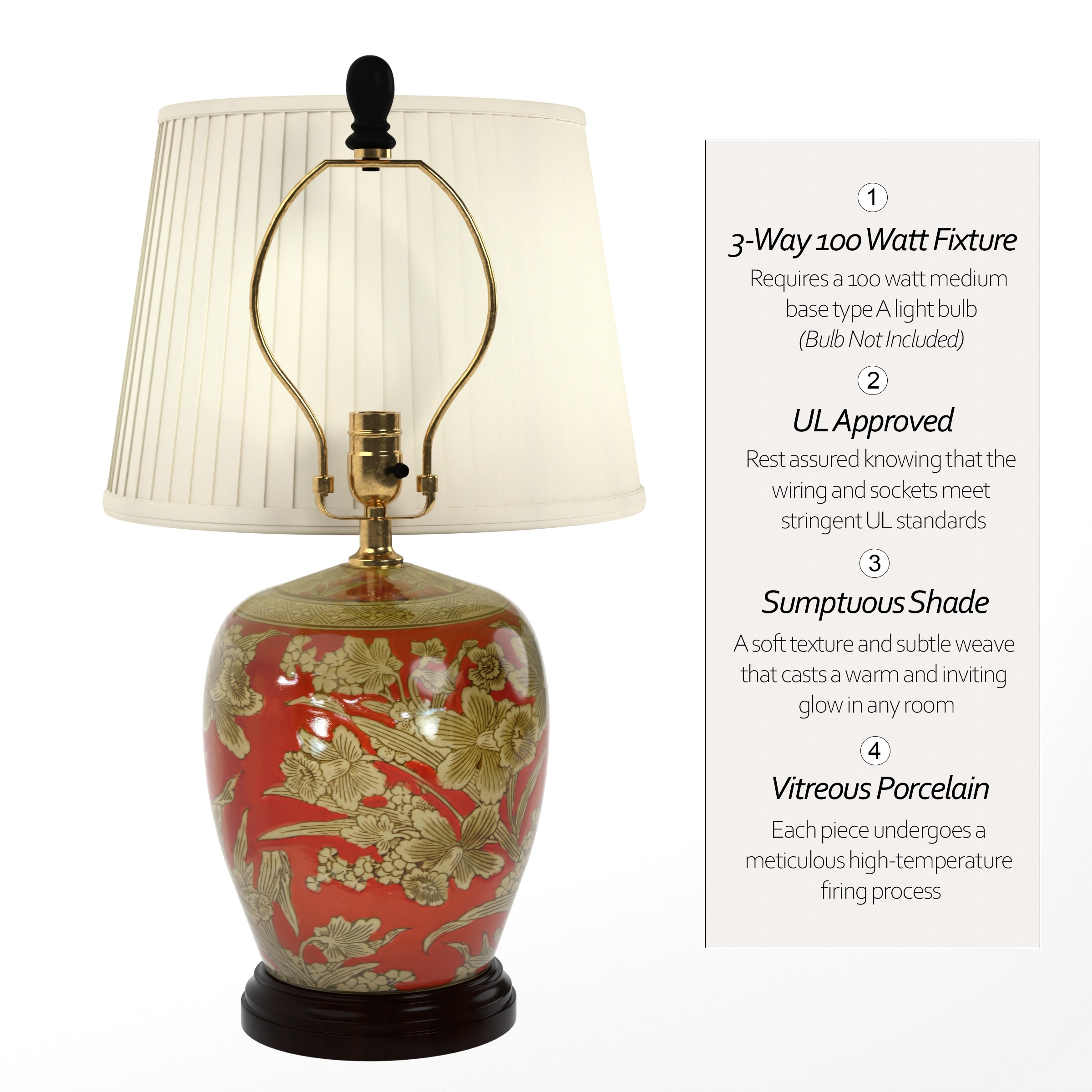 Red Porcelain Floral Jar Lamp with Off-White Shade