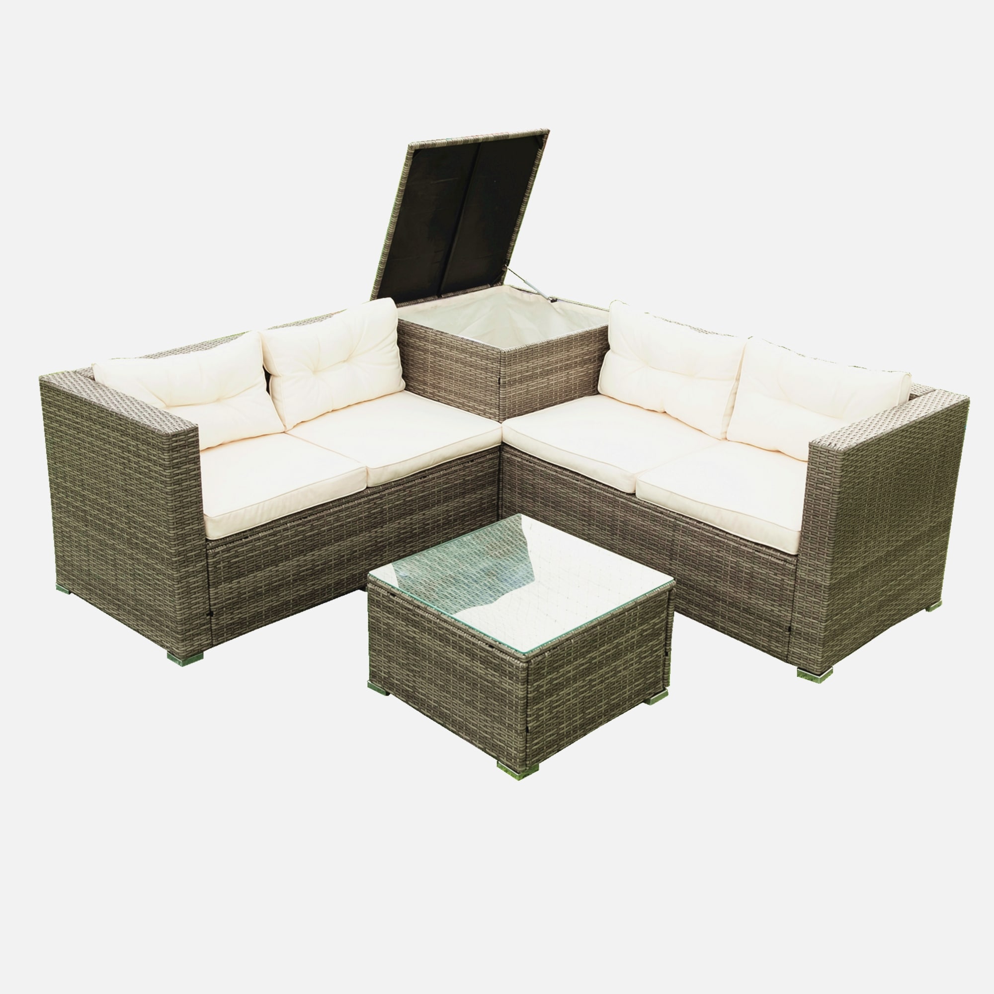 ModernLuxe L-W329S00033 4 Piece Patio Sectional Wicker Rattan Furniture Sofa Set Rattan Outdoor Sectional with Off-white Cushions and Steel Frame