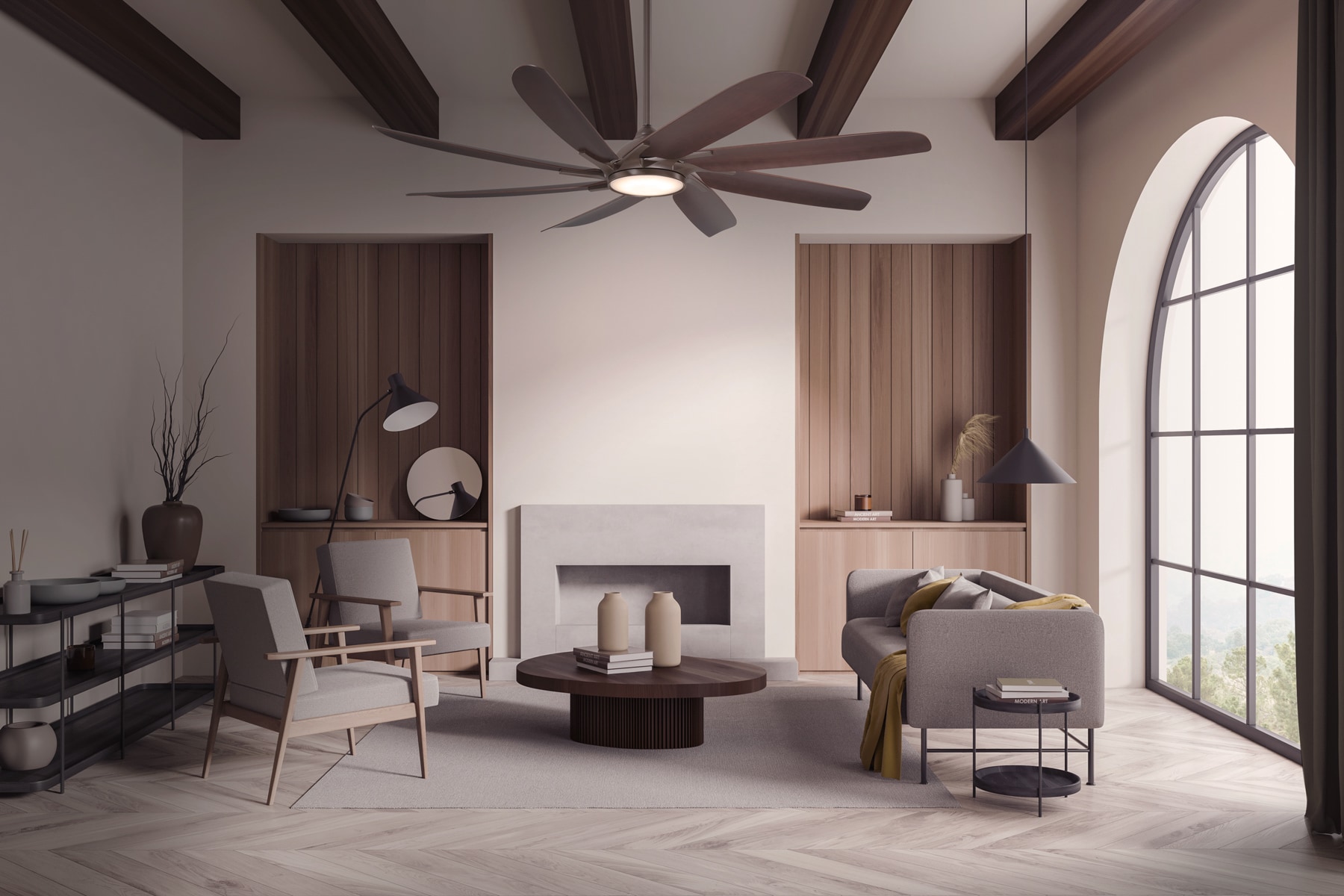Minka Ceiling Fan Co. 84077 Wethersfield 65-in Color-Changing Outdoor Smart Oil Rubbed Bronze with Dark Maple Blades Ceiling Fan With Light - Remote Included ( 8 -Blade )