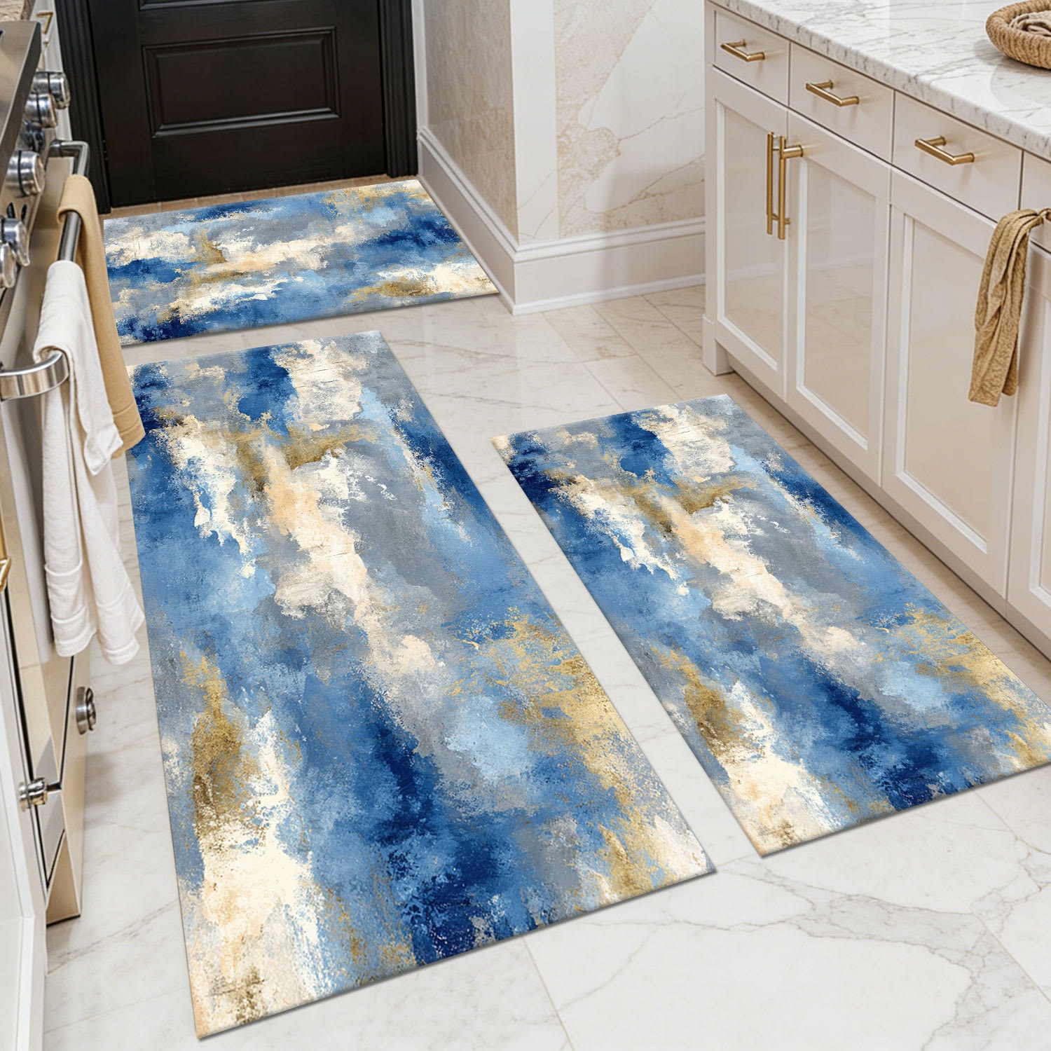 TOBILI  20 x 32in 20 x 47in 20 x 60in Loomed Faux Cashmere Blue Golden Rectangular Indoor Abstract Cloudscape Blend Machine Washable Pet Friendly Kitchen Rug Set