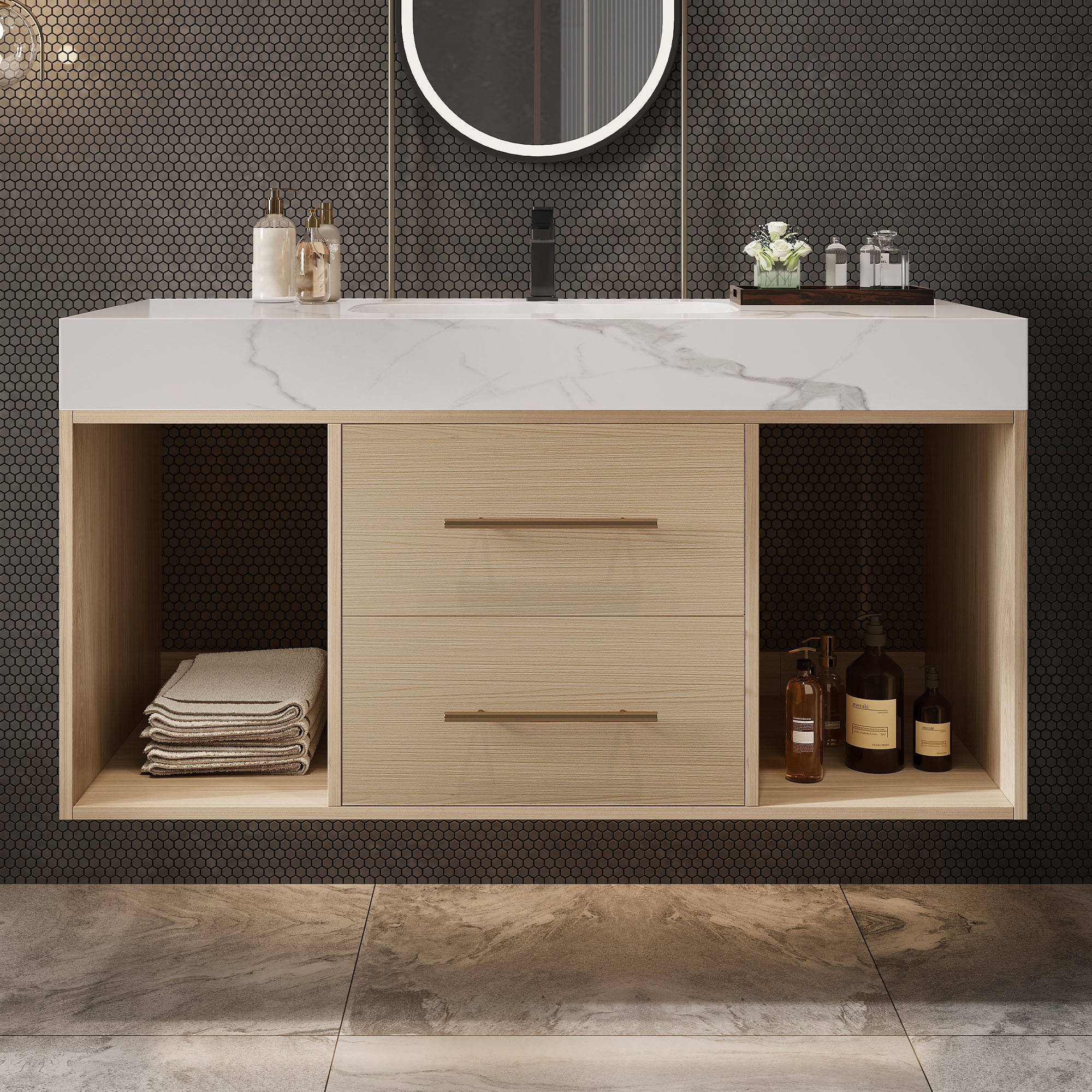 Vanityfus 39.4 -in Floating Bathroom Vanity with Ceramic Sink Wall Mounted Vanity 2 Soft Close Drawer and White Slate Top