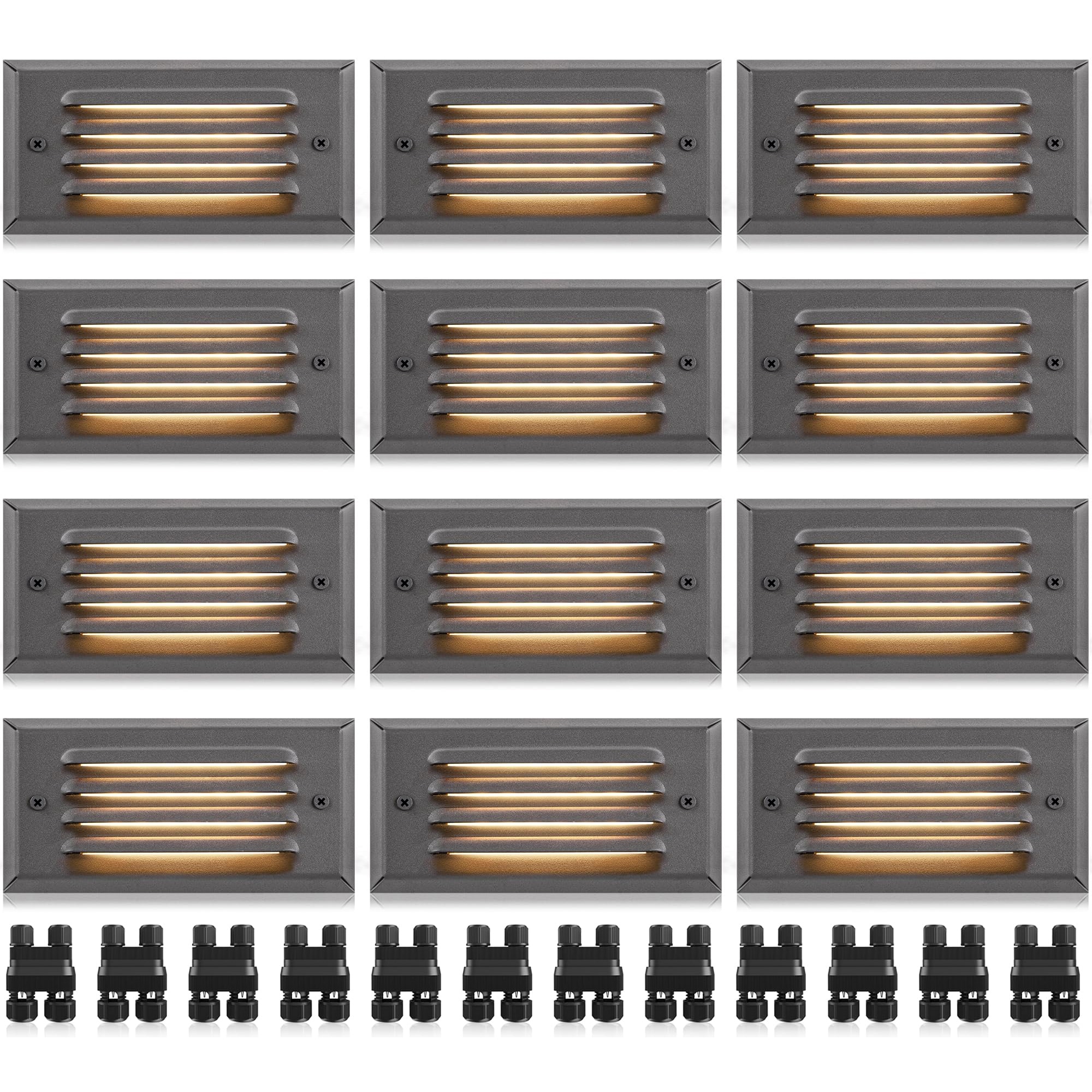 Vrbgify  12 Pack 5W 3000K Low Voltage LED Step Lights with Horizontal Louver Plate Fastlock2 Connectors Surface Mount IP65 Waterproof for Outdoor Stairs Deck Fence Patio 3.2FT Wire