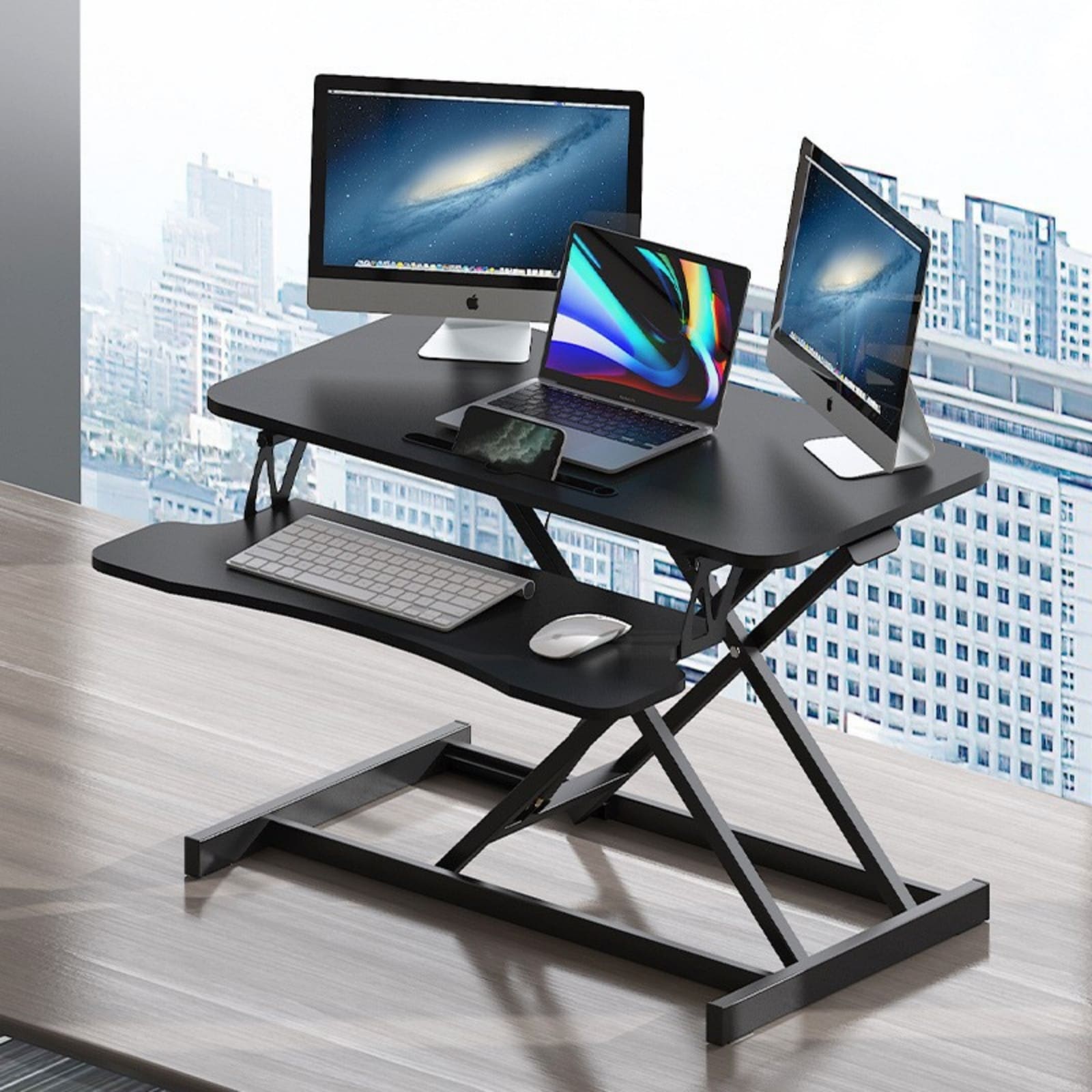 GlasFlength  Desk Converter Sit to Stand Workstation Height Adjustable Riser with Wide Keyboard Tray for Home Office Black