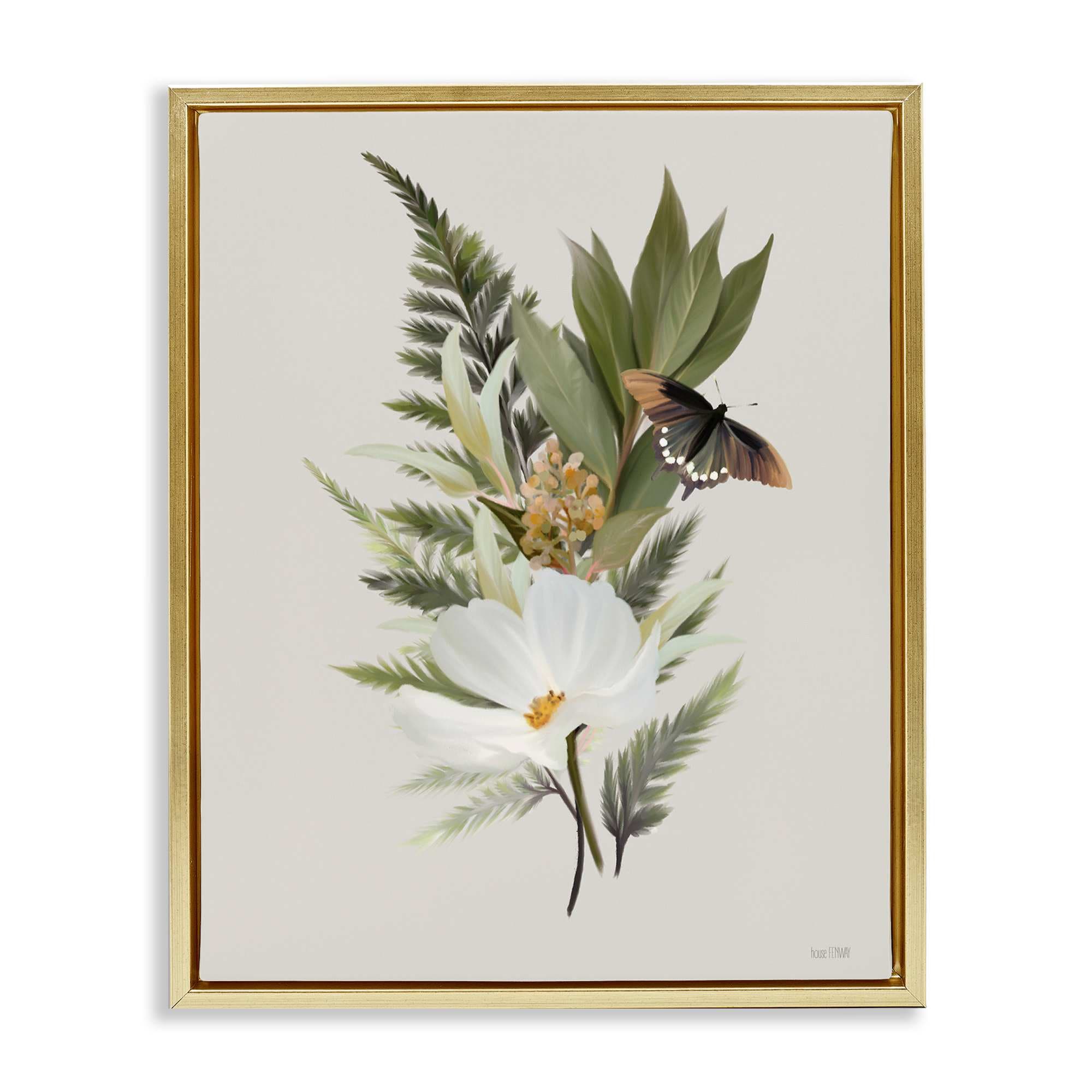 Stupell Industries BS-662-FFG-24X30 Flower Sprigs and Butterfly Gold Framed Floater Canvas Wall Art By House Fenway 25 x 31