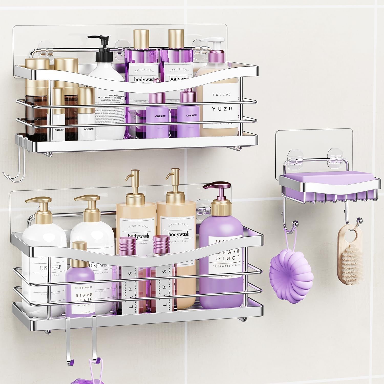 JUSHUA Shower Caddy 3 Pack-Shower Organizer Shelves Rack Rustproof SUS304 Stainless Steel for Bathroom StorageKitchen-No Drilling Adhesive Shower Caddy Shelf Dorm Room Essentials-Silver
