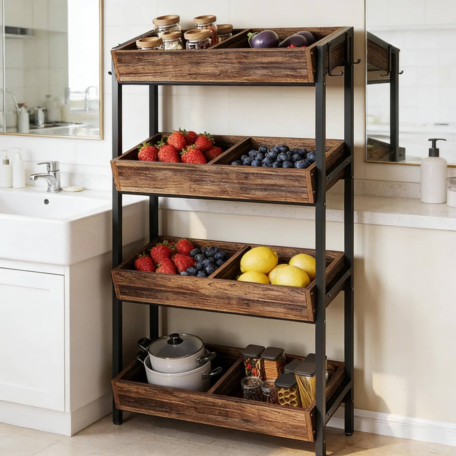 GlasFlength  55 Inch Tall Wood Storage Organizer 4 Tier Vertical Fruit Vegetable Wine Rack Stand Durable Kitchen Pantry Storage Shelf Black and Brown