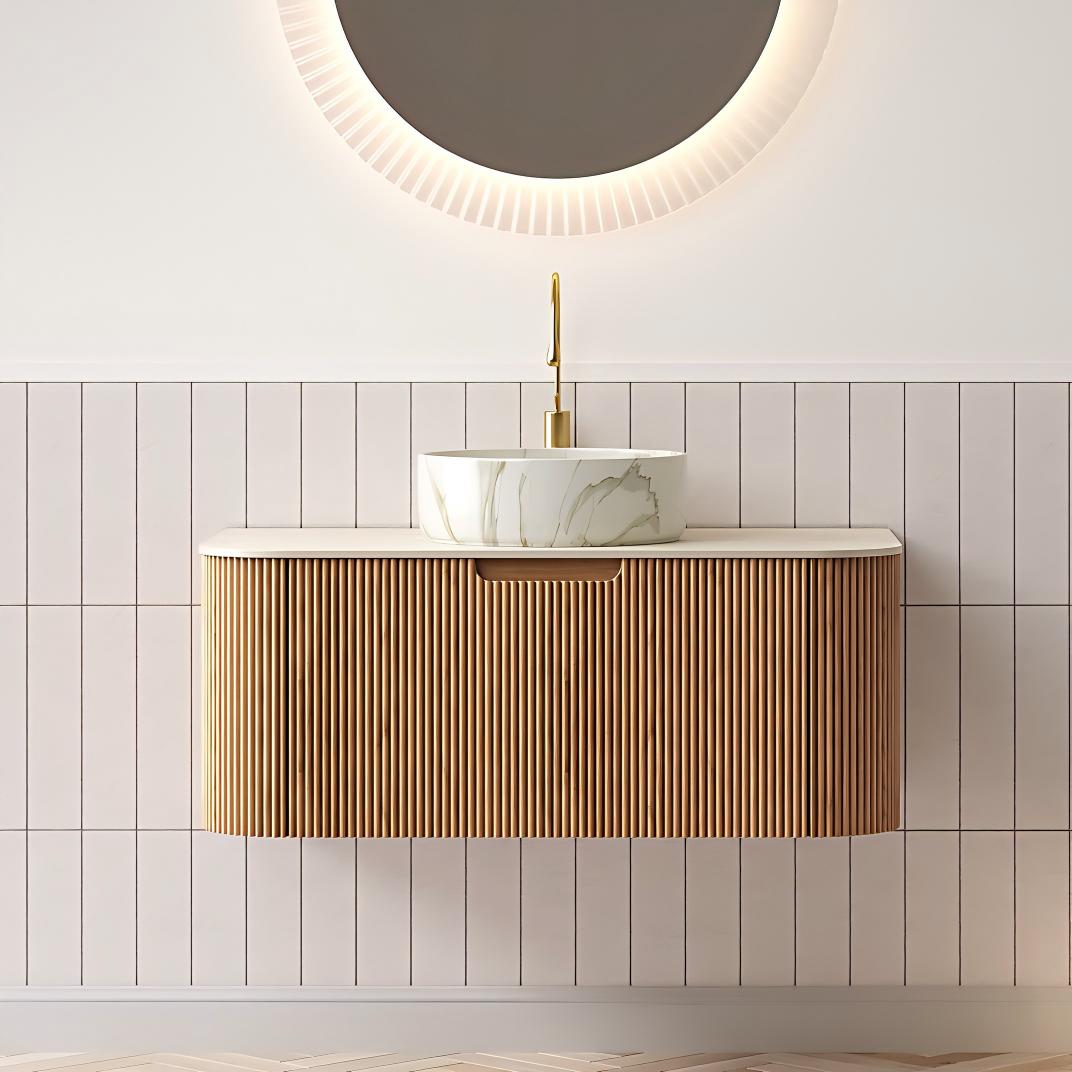 Xspracer 35.9-in Natural Wood Finish Single Sink Bathroom Vanity with Beige Sintered Stone Top