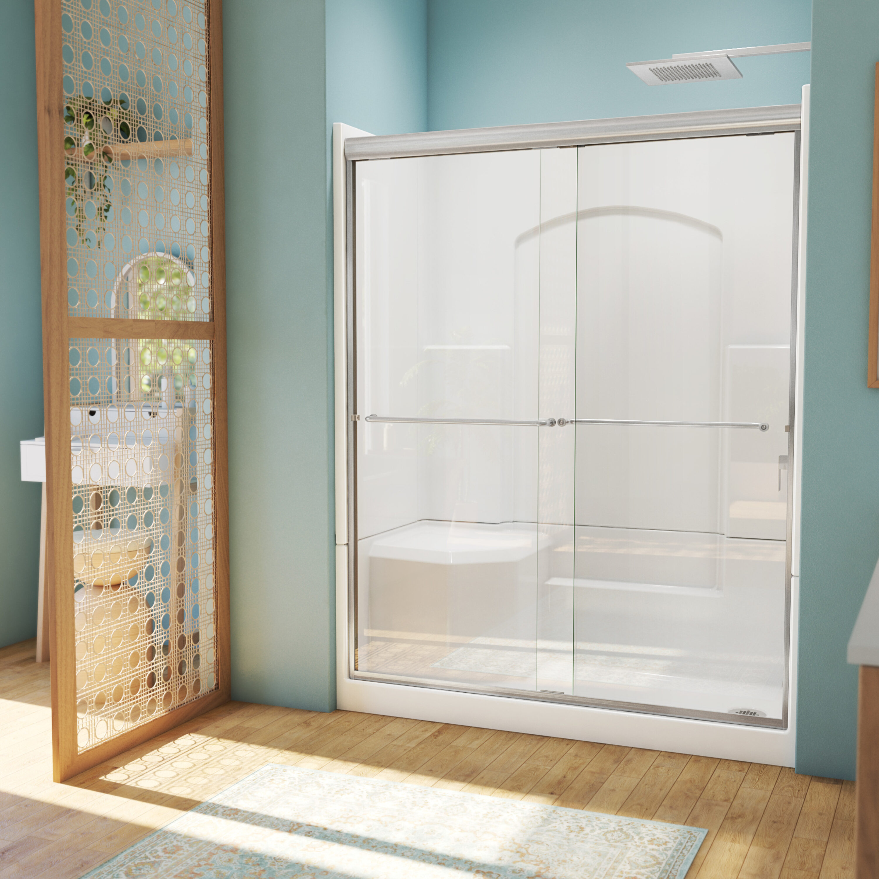 Laurel Mountain L3260SH1S4PLWB3 Slayden 5 -Piece 32-in W x 60-in L x 77-in H Alcove shower kit ( Right Drain) with Integrated Seat Base, Wall, Door and Drain Included Brushed nickel