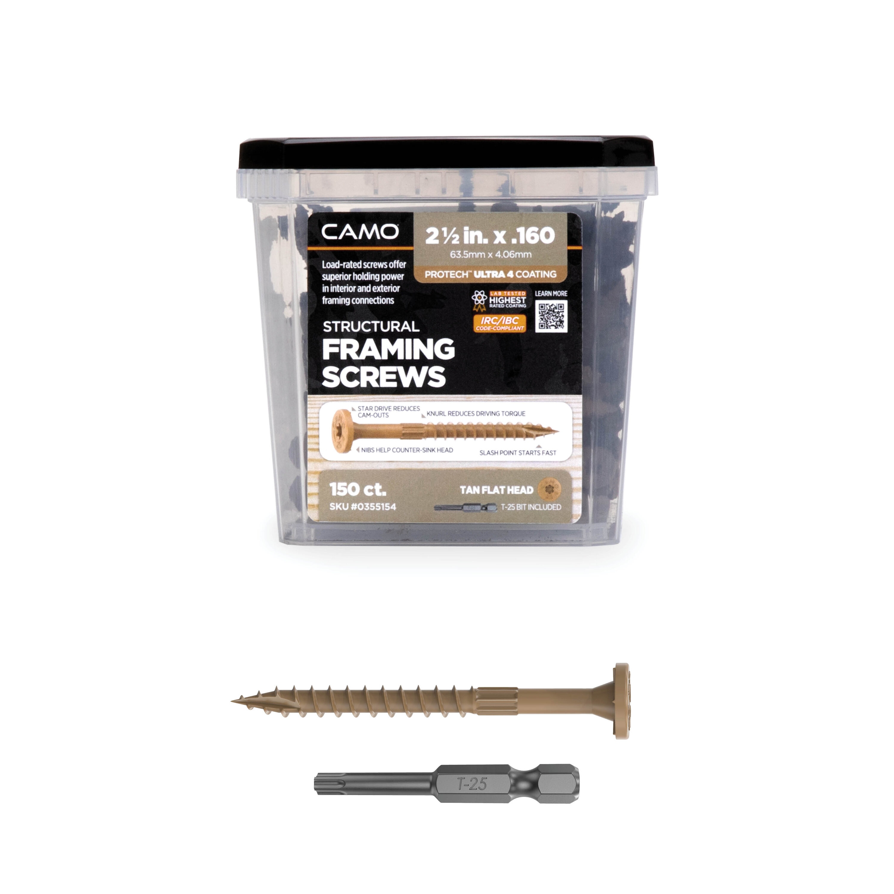 CAMO 0355154 2-1/2-in Tan Framing Polymer Flat -Head Exterior Structural wood screws 150 -Pack