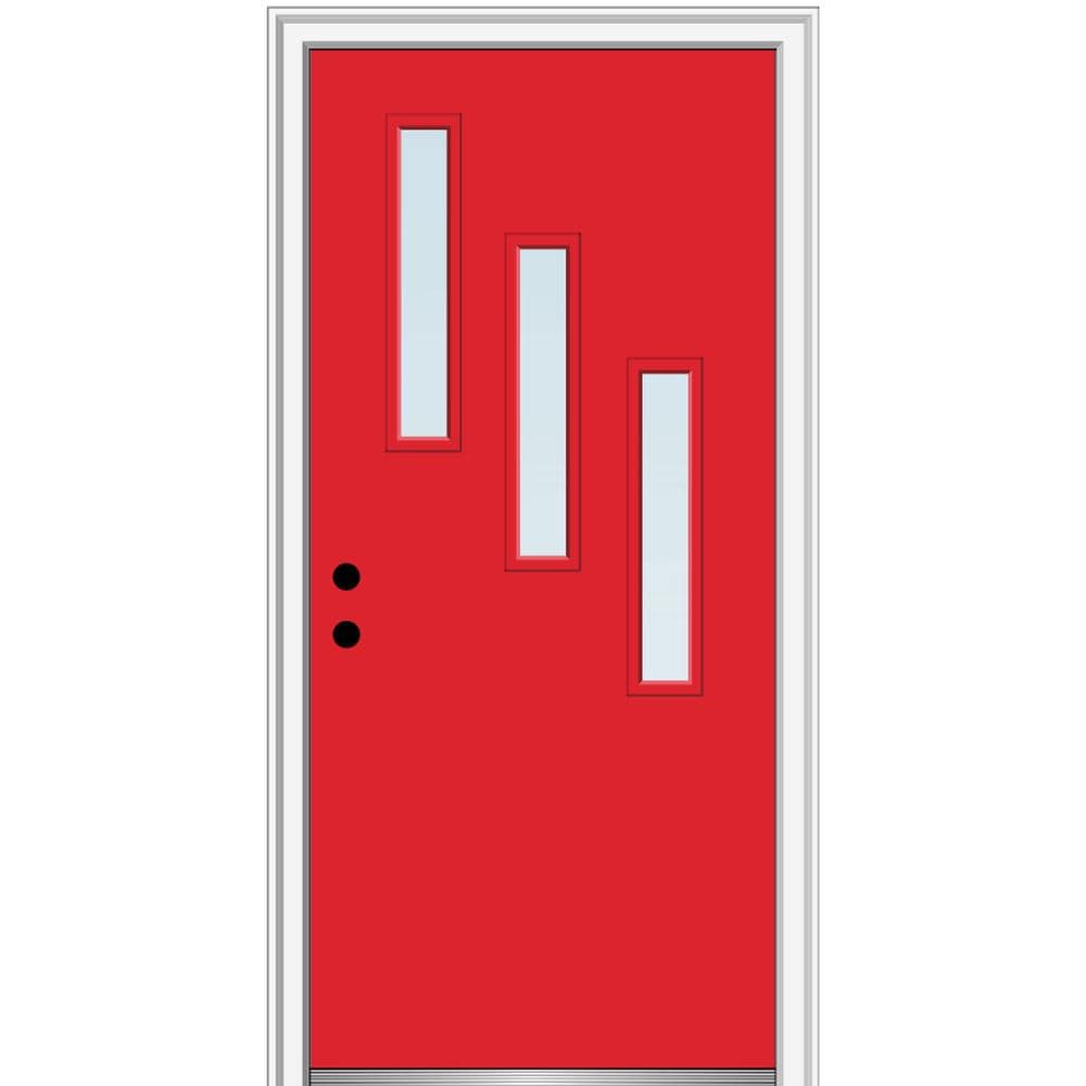 MMI DOOR ZZ346773R Spotlights 32-in x 80-in x 4-9/16-in Fiberglass Pulse lite Right-hand inswing Red Saffron Painted Prehung Front Door with Brickmould Insulating core