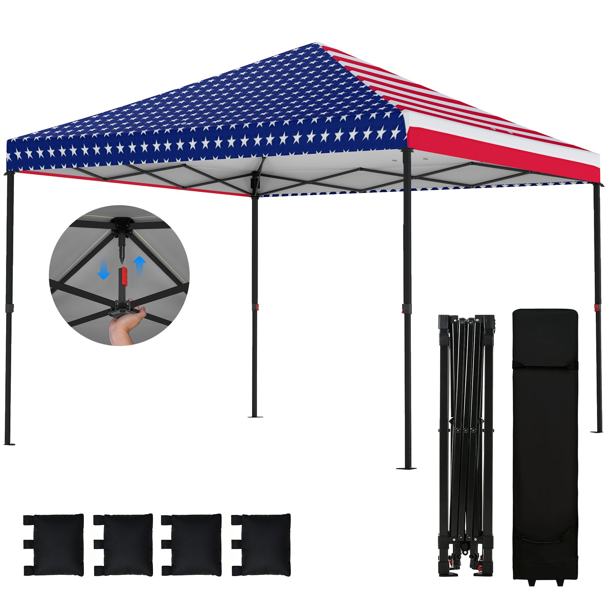 JUSHUA 10 x 10 ft Pop Up Canopy Tent One Push Setup Outdoor Portable Instant Canopy Shelter with Roller Bag American Flag