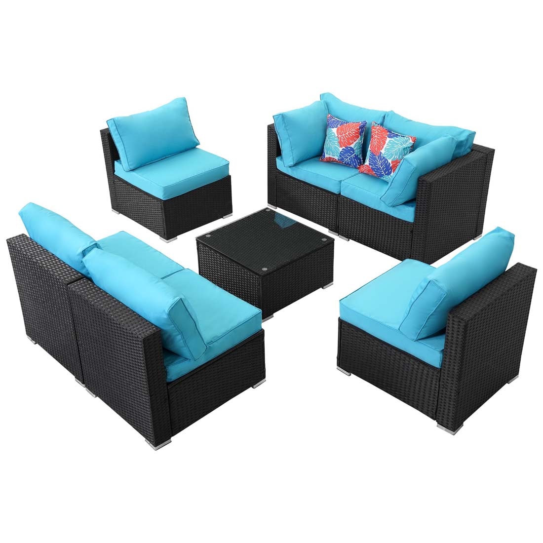 Damerin N7CS71 7 -Piece Wicker Patio Conversation Set with Blue Cushions