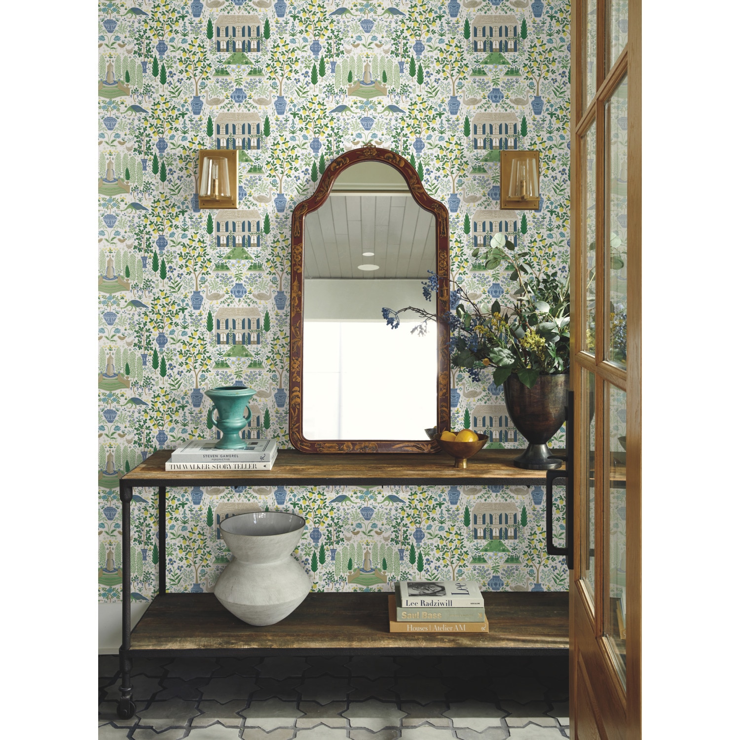 Blue and Green French Farmhouse Pattern Wallpaper Roll