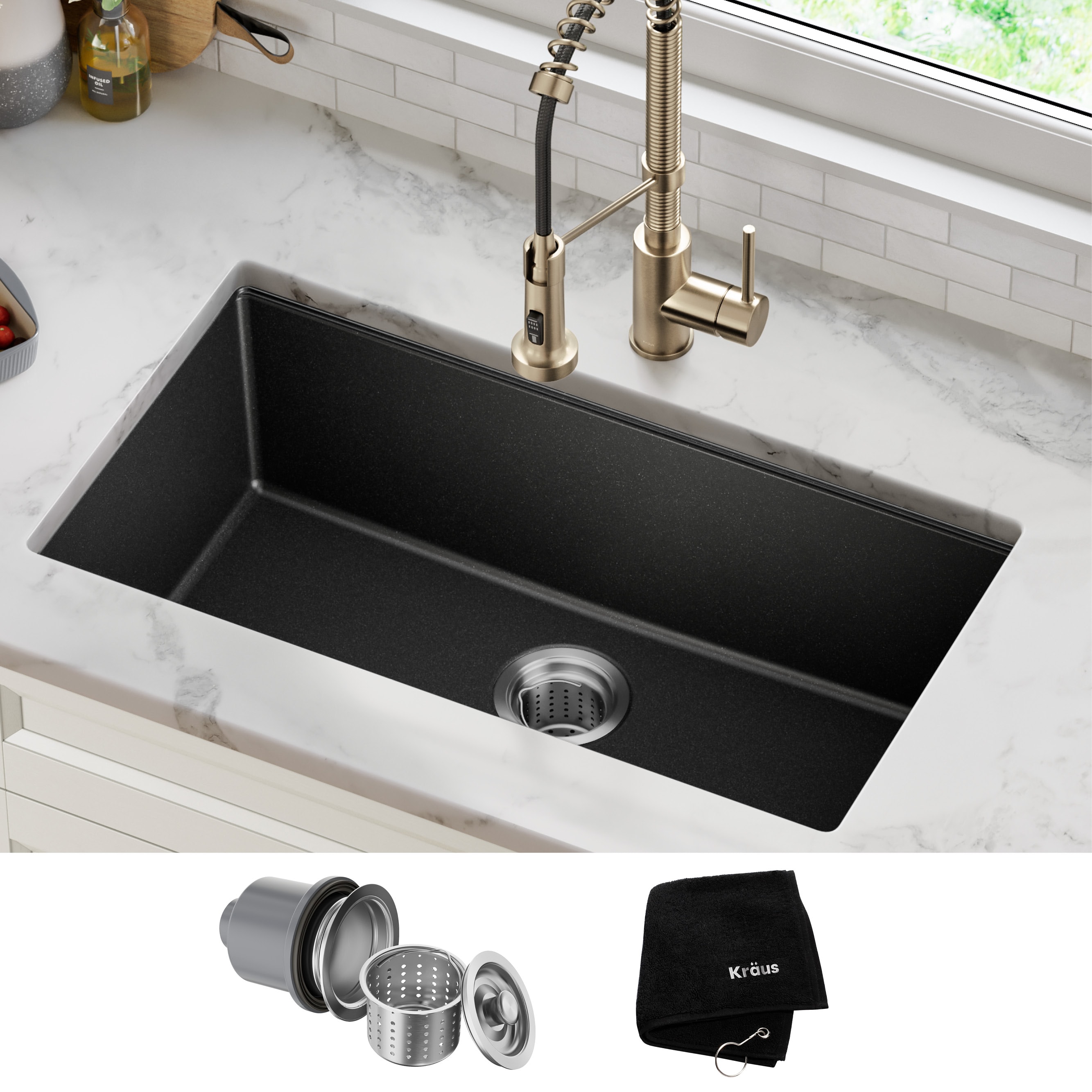 Kraus Undermount 31.5-in x 17-in Black Onyx Granite Single Bowl Kitchen Sink