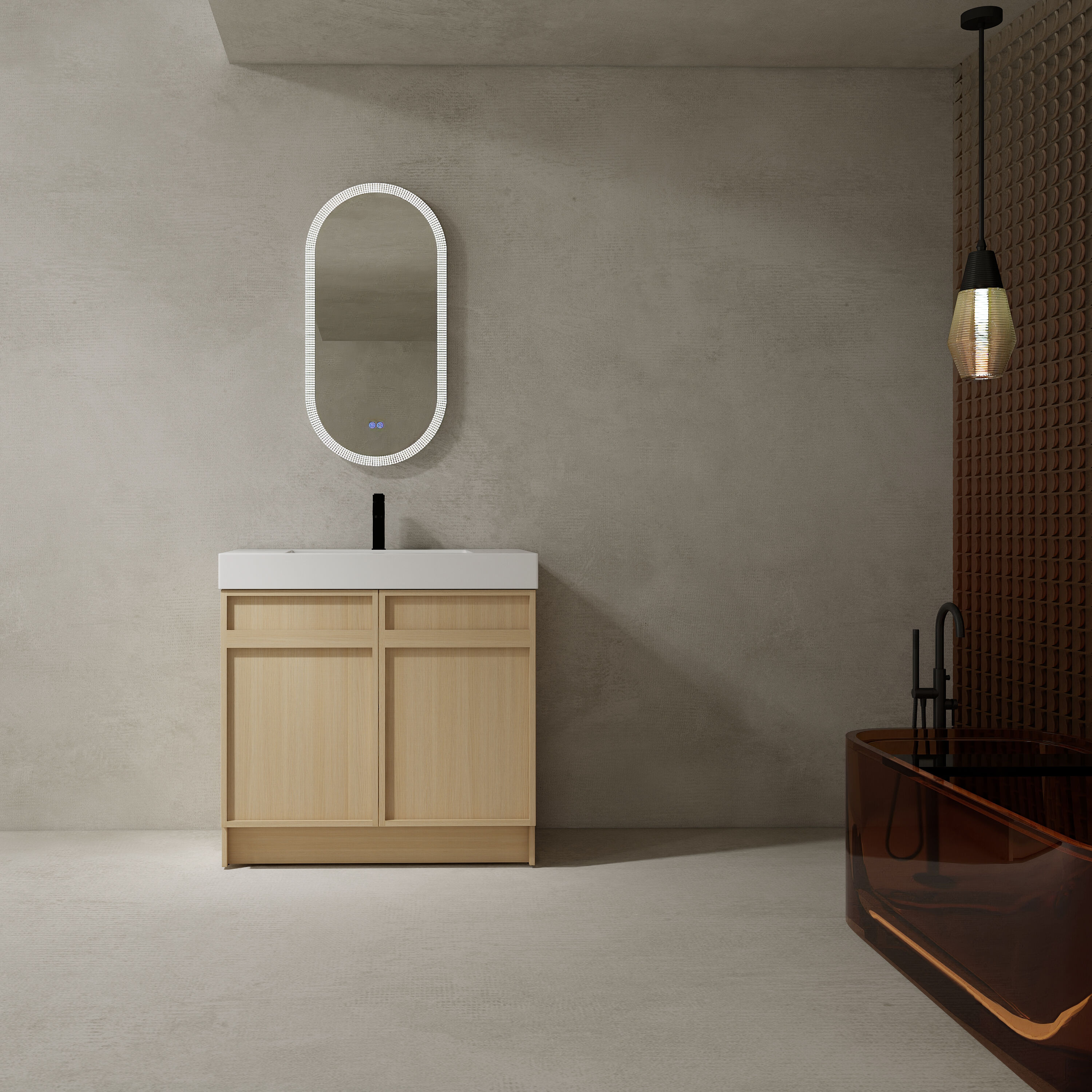 GLANZEND -  19.7-in D x 35.4-in W x 35.1-in H Bathroom Vanity Plywood Oak Resin Sink Freestanding...