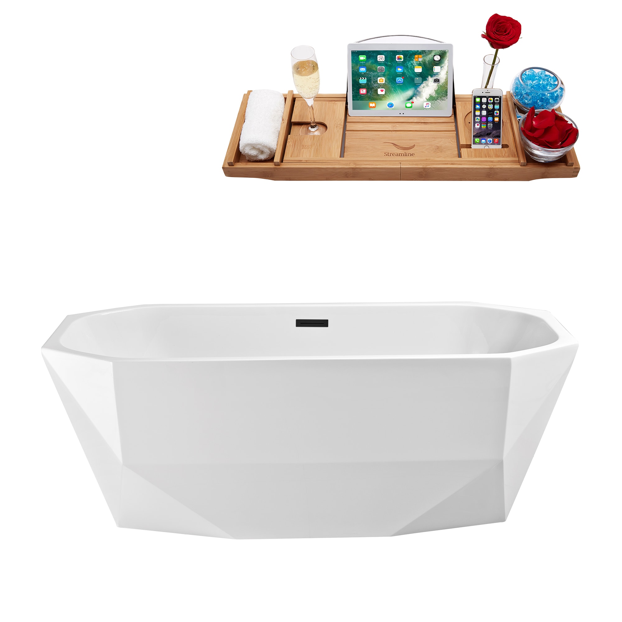 Streamline N620BL 28.7-in x 63-in Glossy White Acrylic Oval Freestanding Soaking bathtub with Drain ( Center Drain )