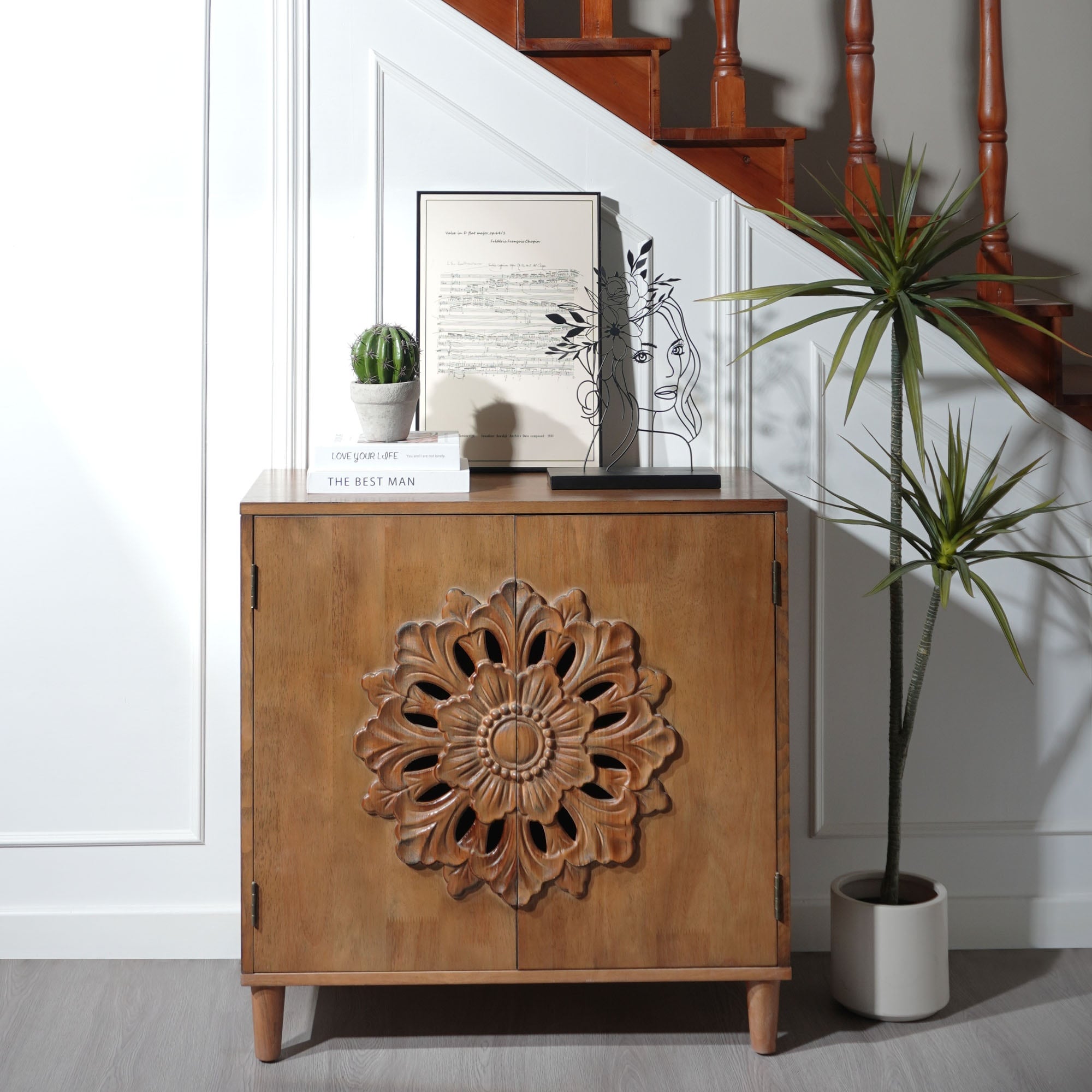 Boyel Living Rustic Hand Carved Wooden 2 Door Cabinet with Floral ...