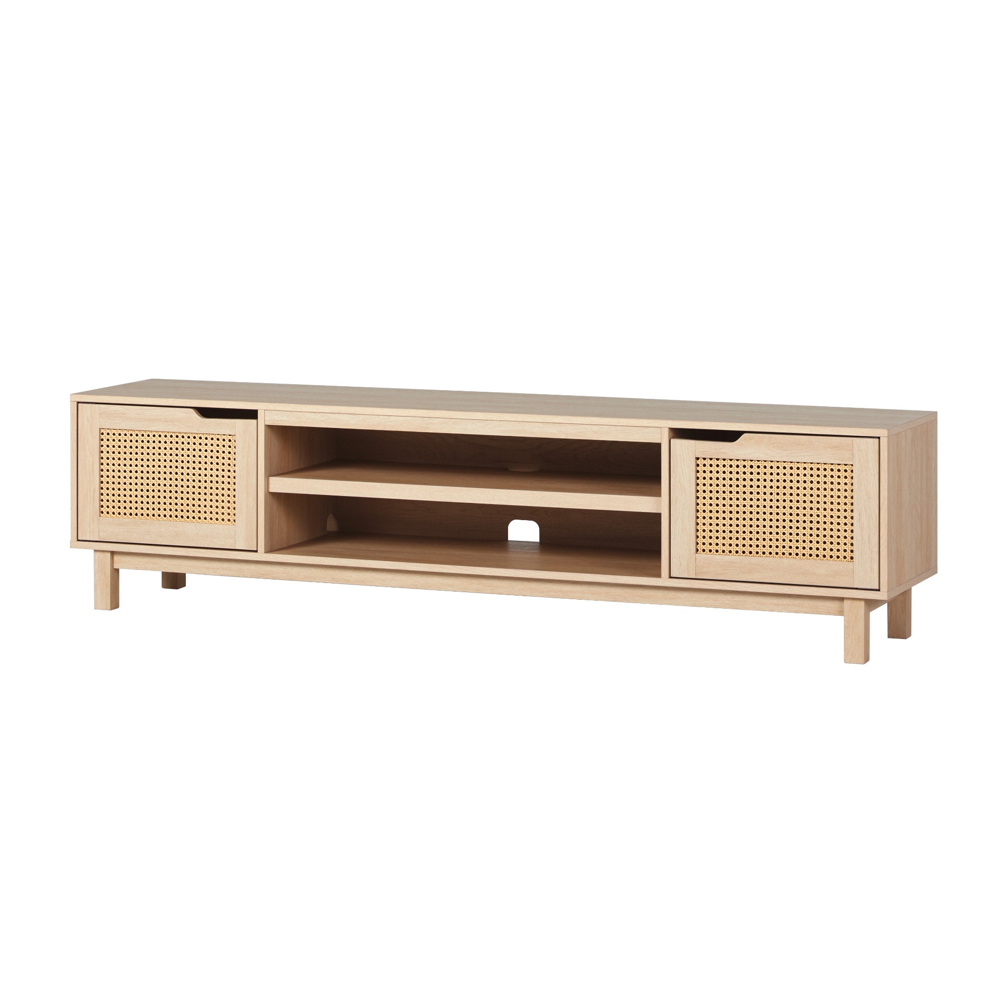 Tatayosi XH-5P169000 80 Inch Coastal Oak TV Stand with Rattan Doors and Open Storage for Modern Spaces