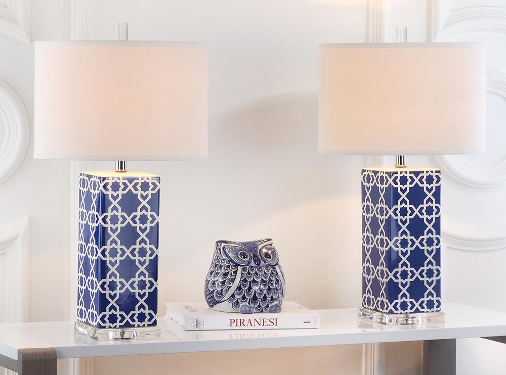 Navy and White Ceramic Table Lamp Set with Cotton Shade