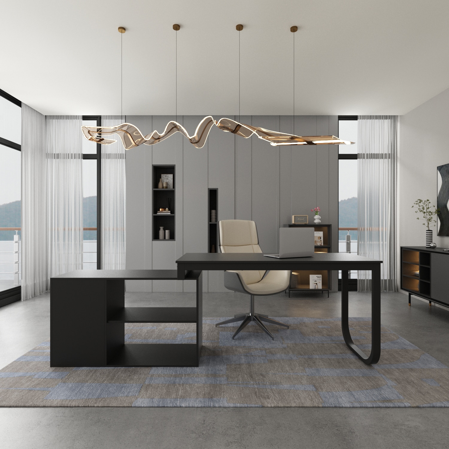 FUFU&GAGA LJY-JX0009-05 55.1-Inches Black Modern/Contemporary Executive desk Hutch Included
