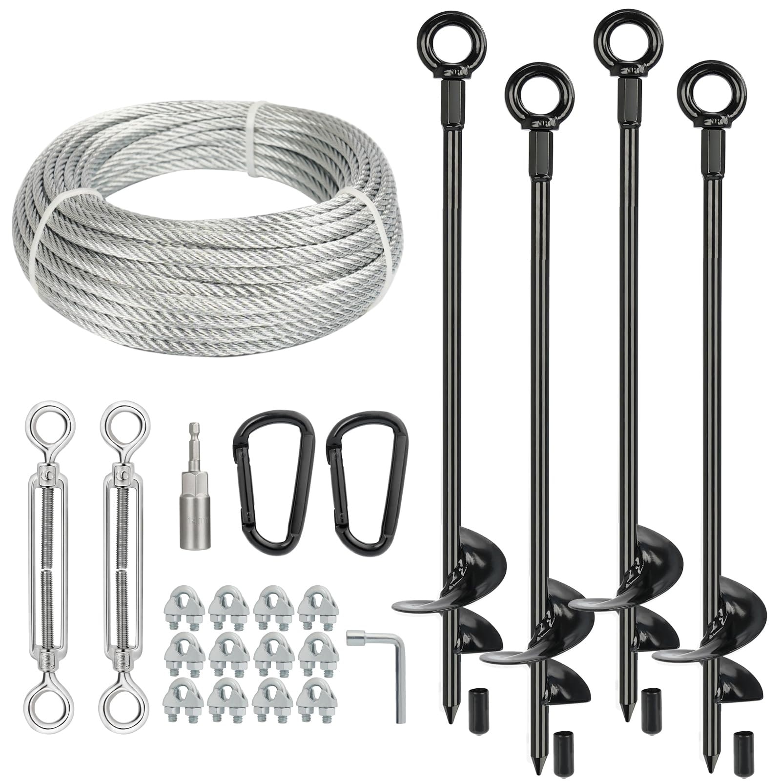 ITOPFOX  4 Pack 30 Inch Ground Anchors Kit with 50 FT 316 Galvanized Cable Turnbuckles Carabiners Heavy Duty Earth Anchors for Shed Tent Swing Set