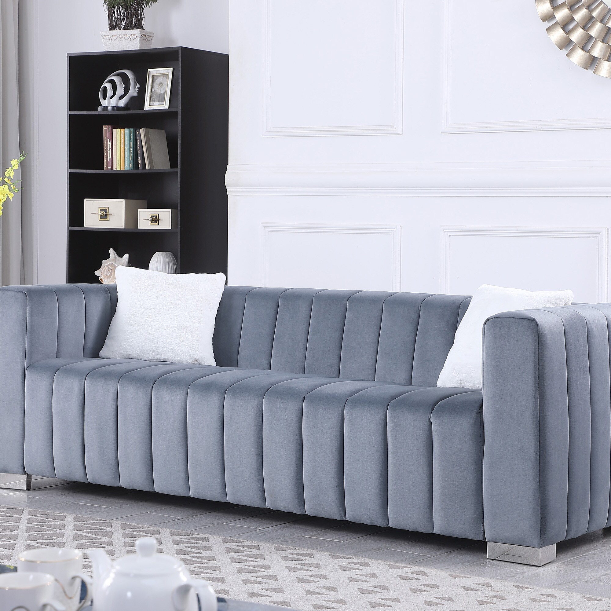 Clihome Pull-Out Sofa-Bed 60-in Modern Light Gray Velvet 3-seater