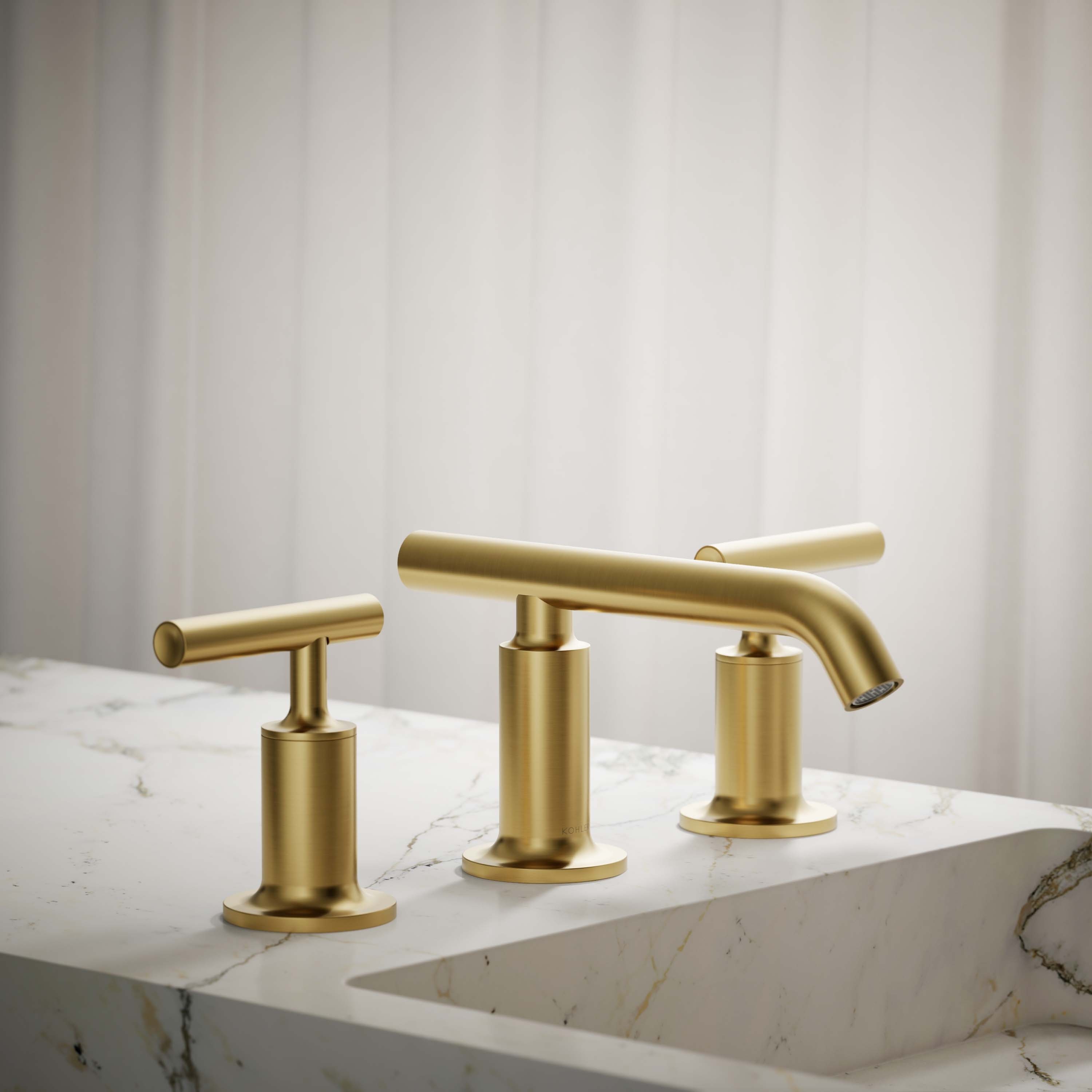 KOHLER K-14410-4-2MB Purist Vibrant Brushed Moderne Brass Widespread 2-handle WaterSense Low-arc Commercial/Residential Handle Bathroom Sink Faucet with Drain with Deck Plate
