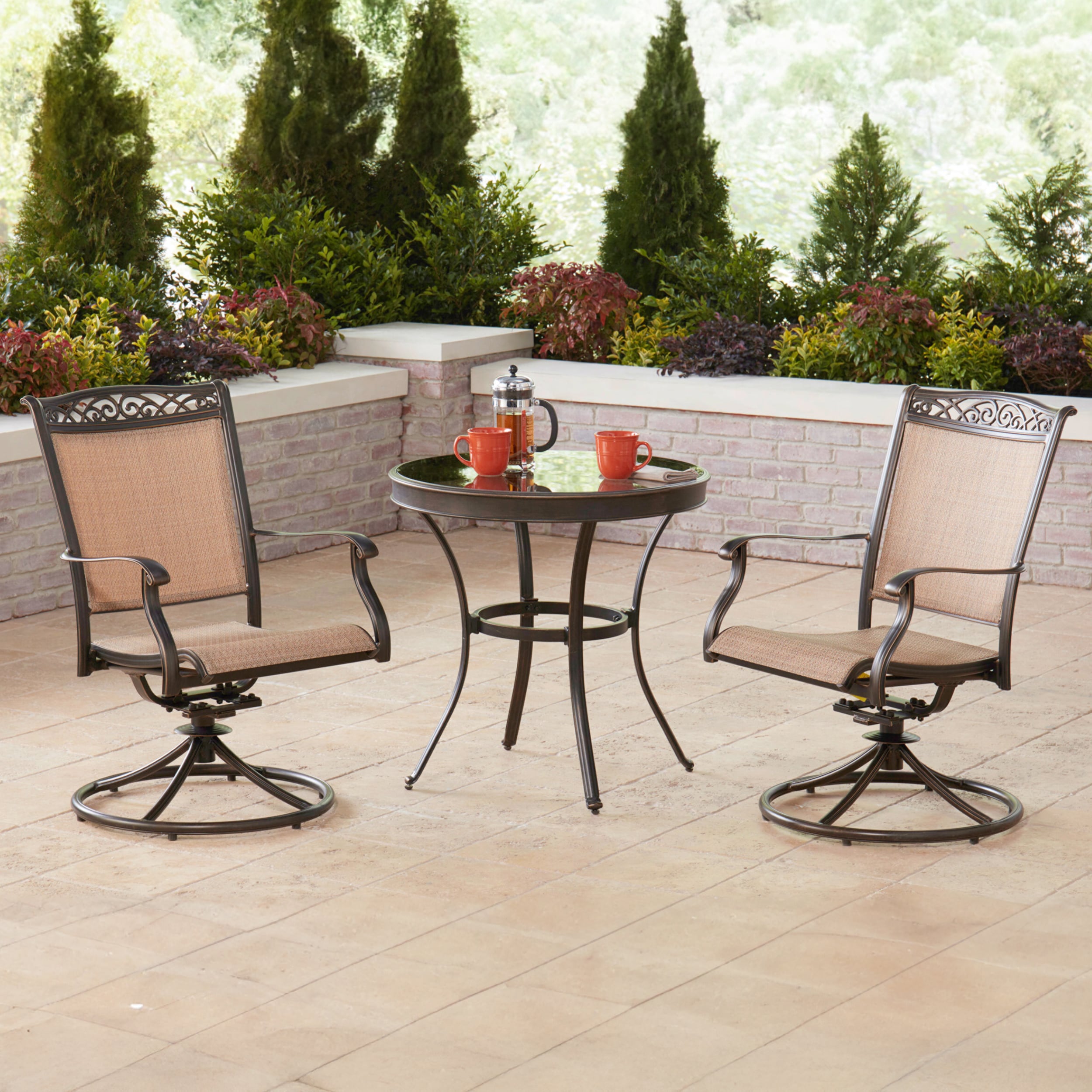 Hanover FNTDN3PCSWG Fontana 3 -Piece Bronze Woven Bistro Patio Dining Set Aluminum Round Table with 2 Tan Swivel Rocker Chairs