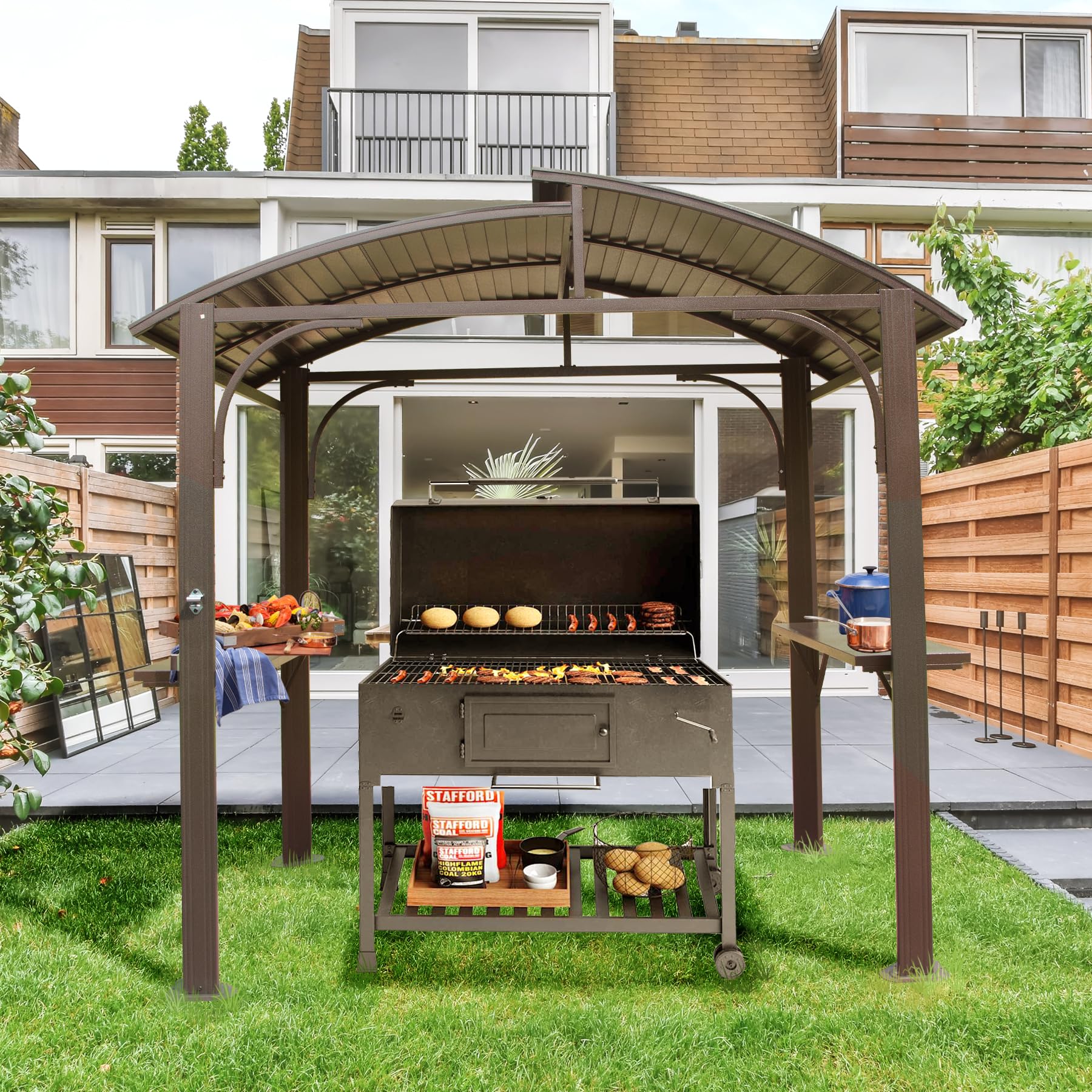 GDFStudio - Modern 8x5 FT Grill Gazebo with Double Steel Roof and Side Prep Shelves - Brown