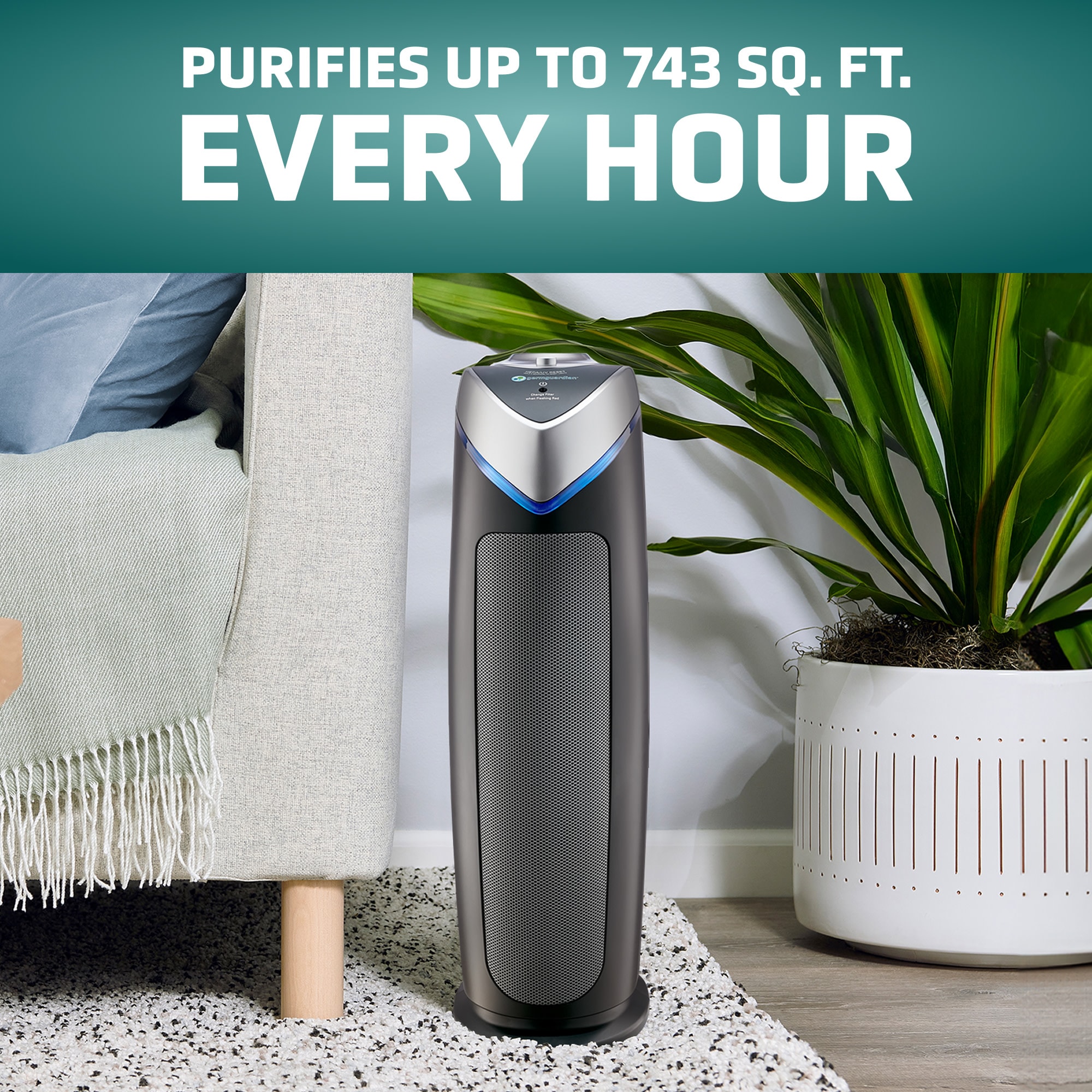 Black and Silver HEPA Tower Air Purifier with UV-C Light
