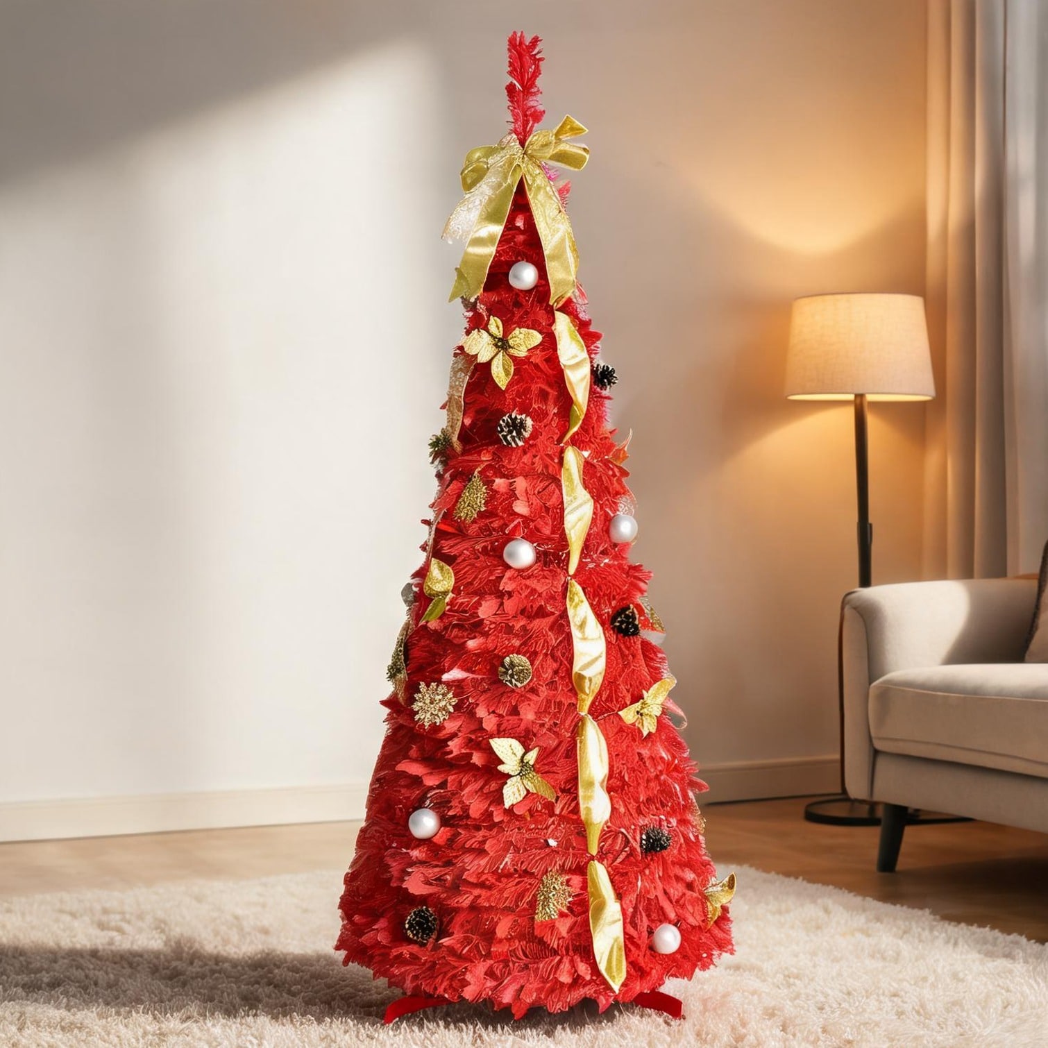 chillscreamni Grand Red-Toned Spruce Pop-Up Christmas Tree 6 Feet with Pre-Lit Brilliance Easy Assembly