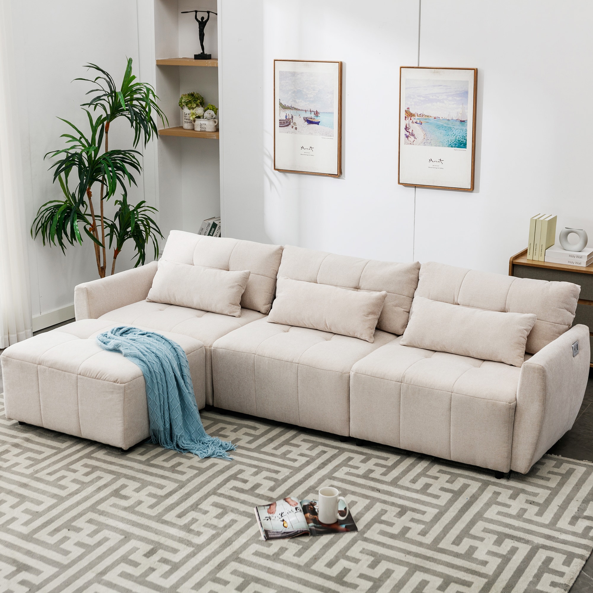 Clihome 3-Seat L-Shaped Sofa with Movable Ottoman 113.3-in Modern Beige ...