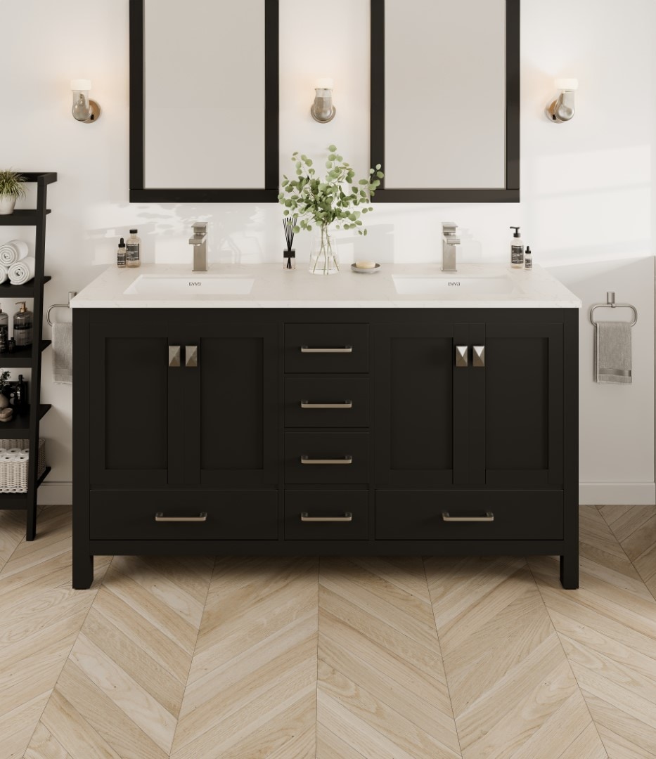 Eviva TVN414-60X18ES London 60-in Black Undermount Double sink Bathroom Vanity with White Quartz Top