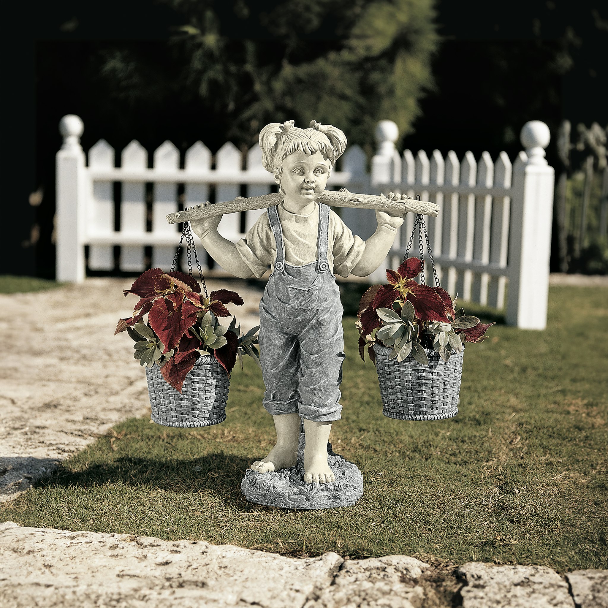 Medium Two-Tone Resin Little Girl Garden Statue with Baskets
