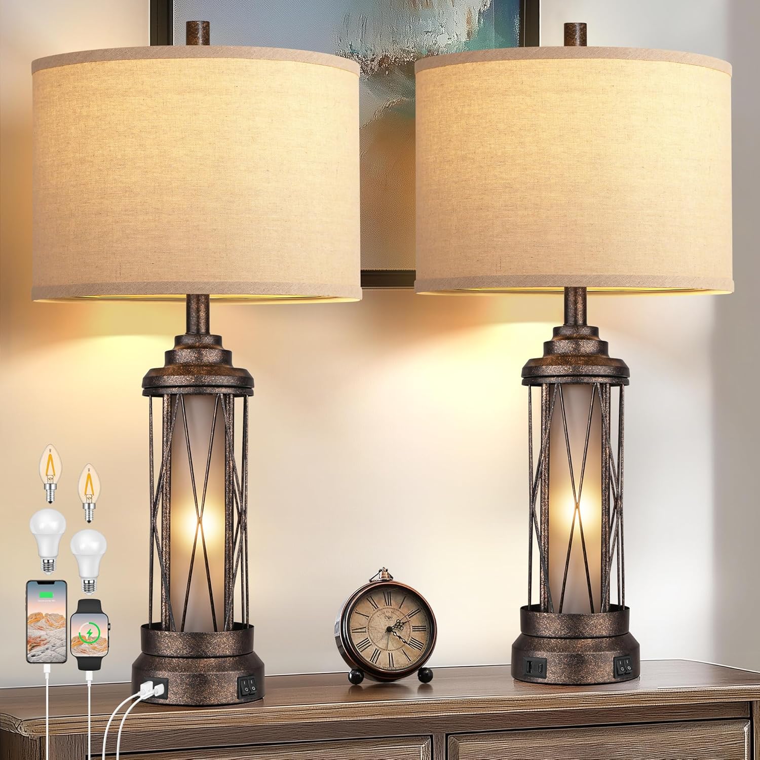 Cinoton Farmhouse Table Lamps for Living Room Rustic Nightstand Lamp for Bedroom with USB A C Charging Ports Frosted Glass Bedside Lamp with Night Light for Entryway End Table 4 Bulbs Included Bronze