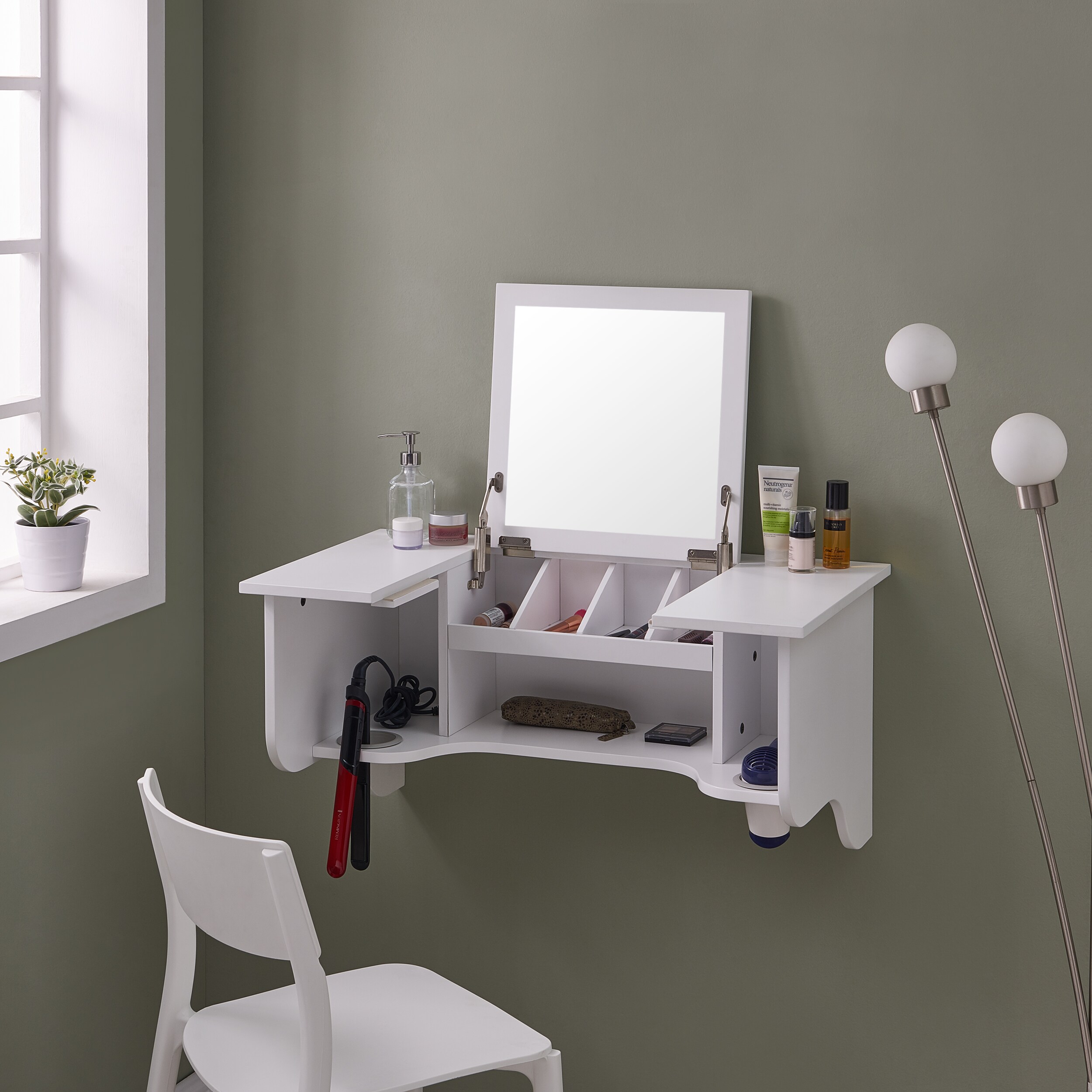 LOVMOR SF-H-B20479391 Wall Mount Ledge w/ Vanity Mirror - Transitional Style - White