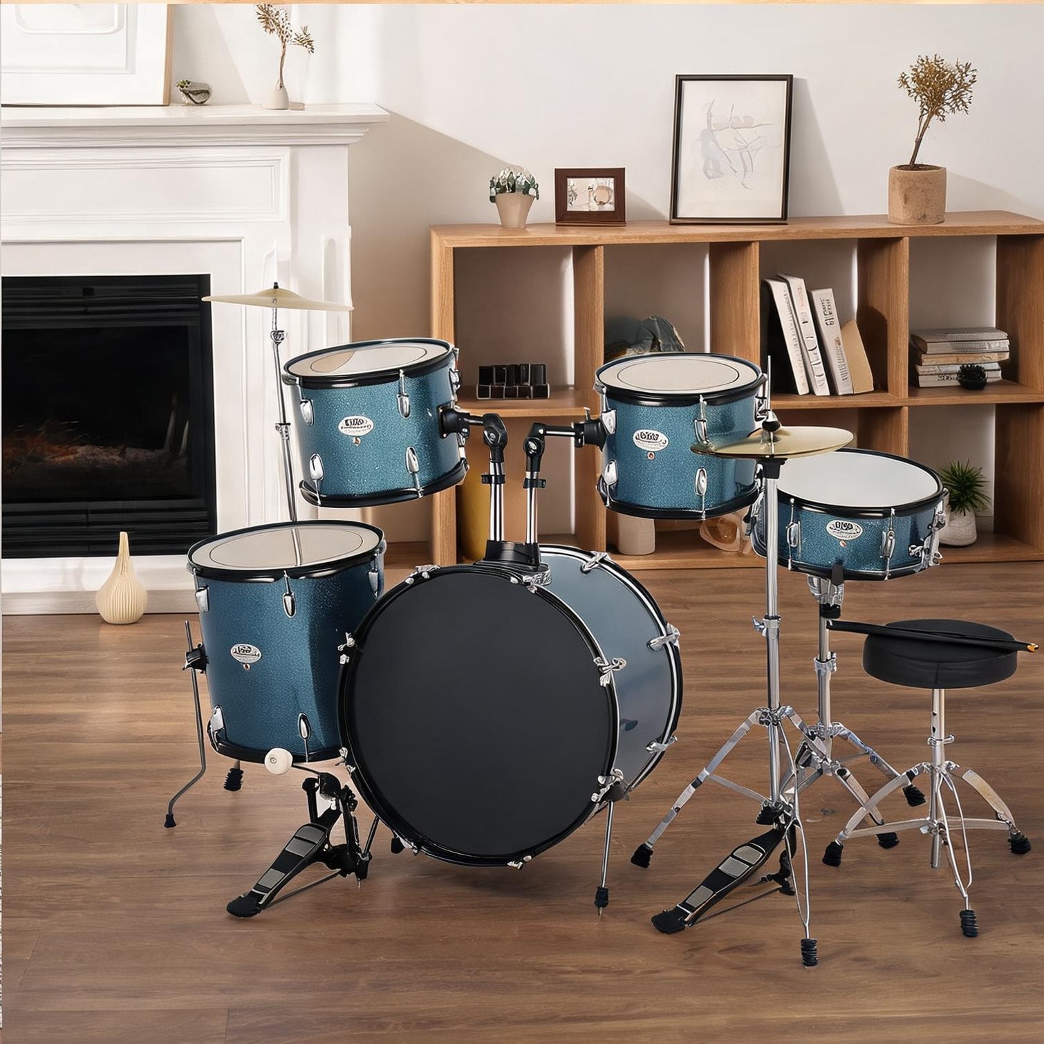 sunjurt Adult Drum Set 5-Piece in Soft Blue Poplar Shells with Brass Hardware and Maple Sticks