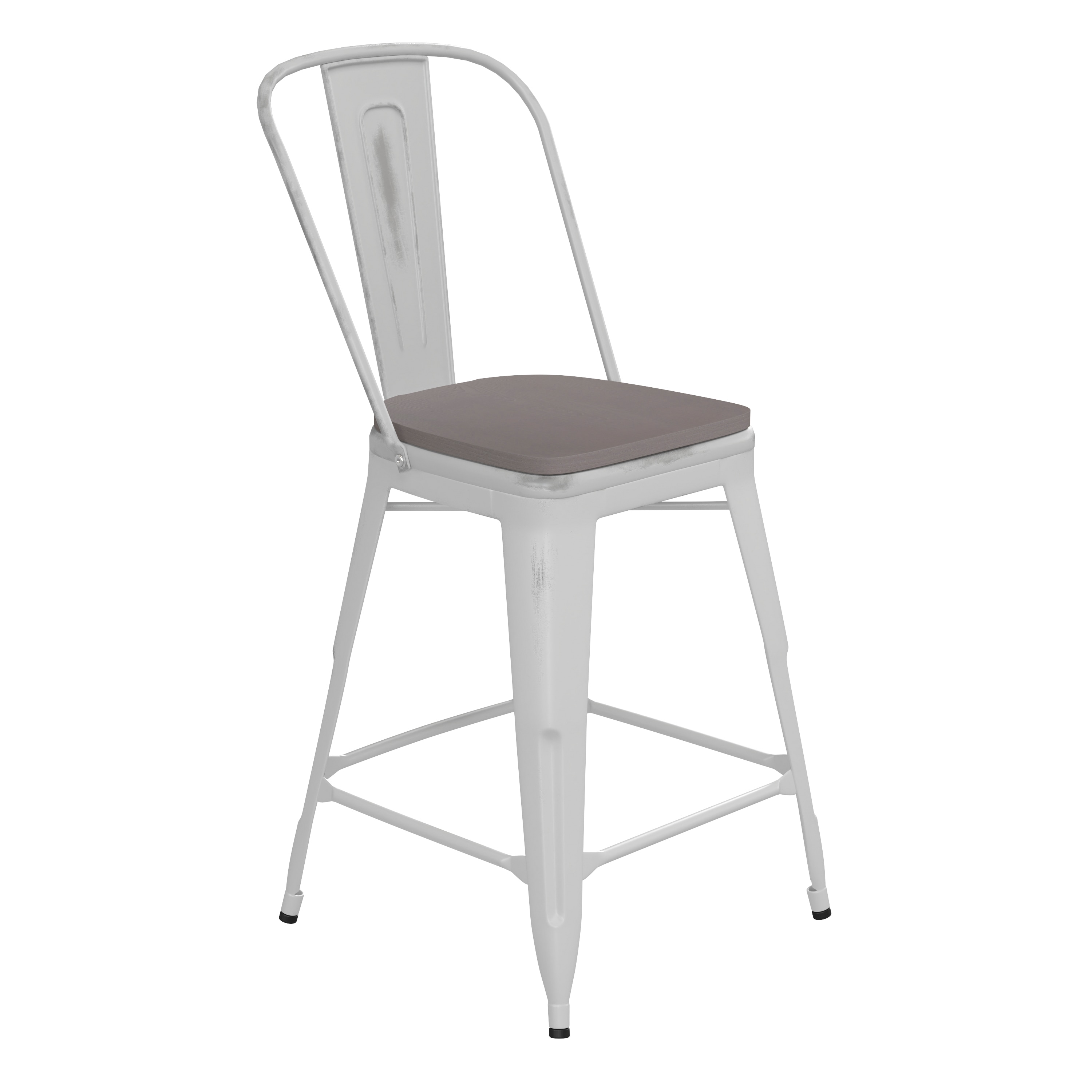 Flash Furniture 196861049712 Carly Commercial Grade 24-in High White Metal Indoor-Outdoor Counter Height Stool with Back with Gray Poly Resin Wood Seat