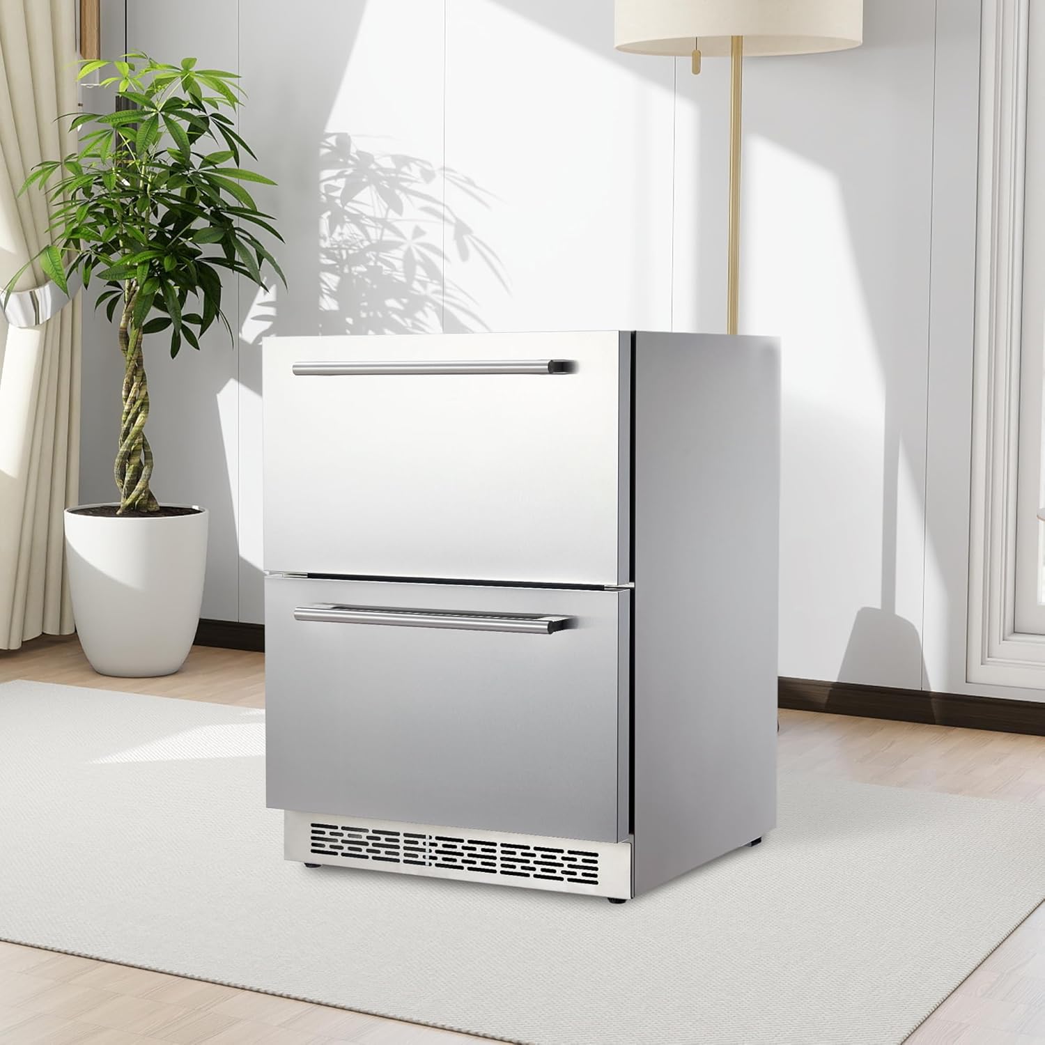Qeetex FRI-PHO110ZWL0I 24 Inch Under Counter Refrigerator With Five Point One Two Cubic Feet Capacity Dual Stainless Steel Drawers Digital Temperature Control Frost Free And Fingerprint Resistant Silver
