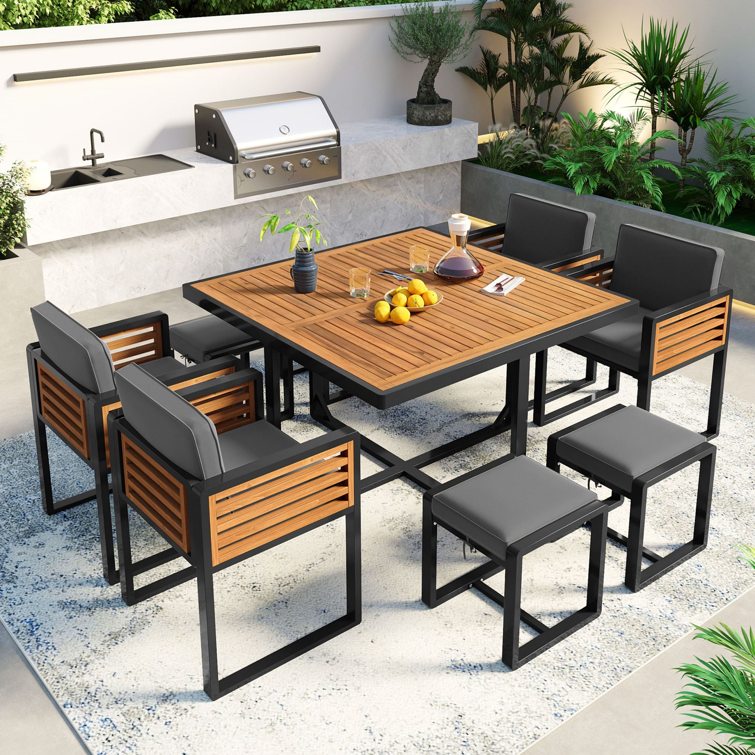 LIVIZA GAZ04P1240E 9 -Piece Brown Patio Dining Set Wood Square Table with 4 Gray Cushions Stationary Chairs