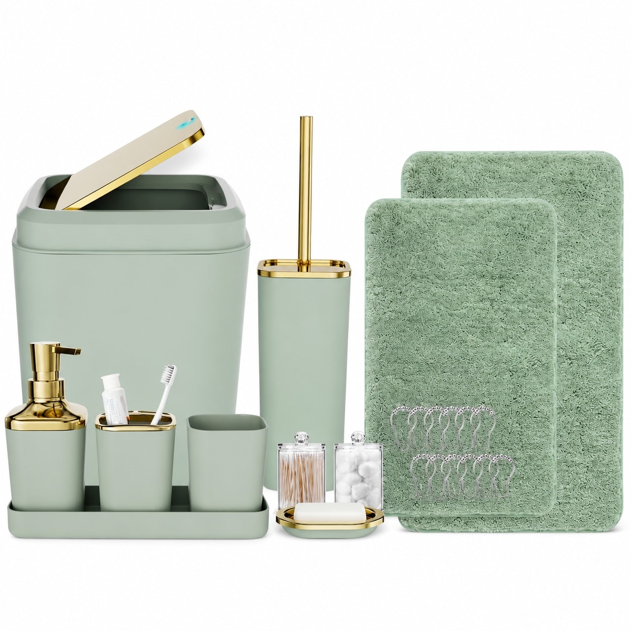 Aoibox  24 Piece Sage Green Bathroom Set with Shower Curtain Rugs Trash Can Soap Dispenser and Organizers